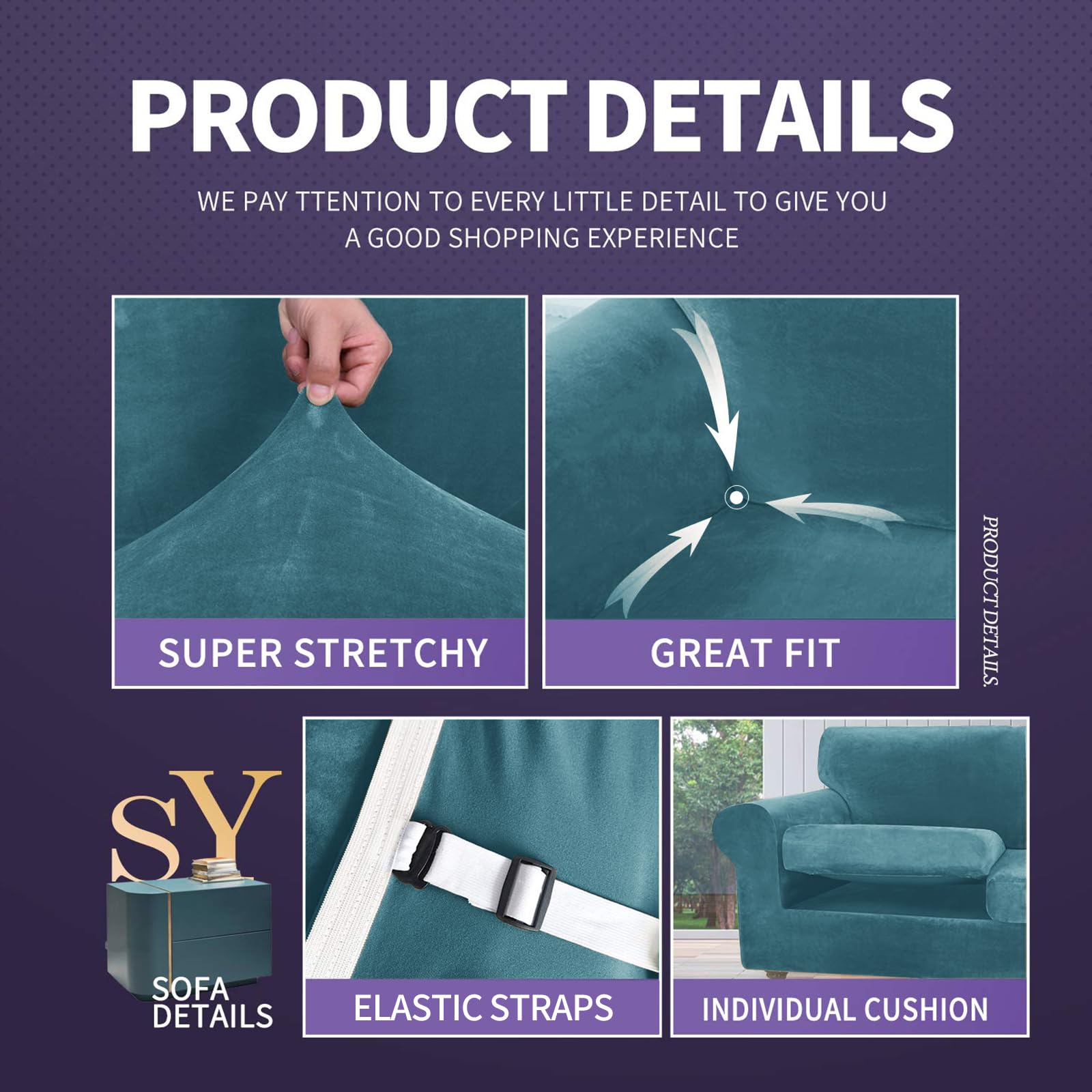 Znsayotx Luxury Velvet Couch Cover 3 Piece Stretch Sofa Covers For 2 Cushion Couch Soft Loveseat Slipcover Living Room Anti Slip Dogs Love Seat Furniture Protector (Peacock Blue), 55'-69'(2 Cushions)