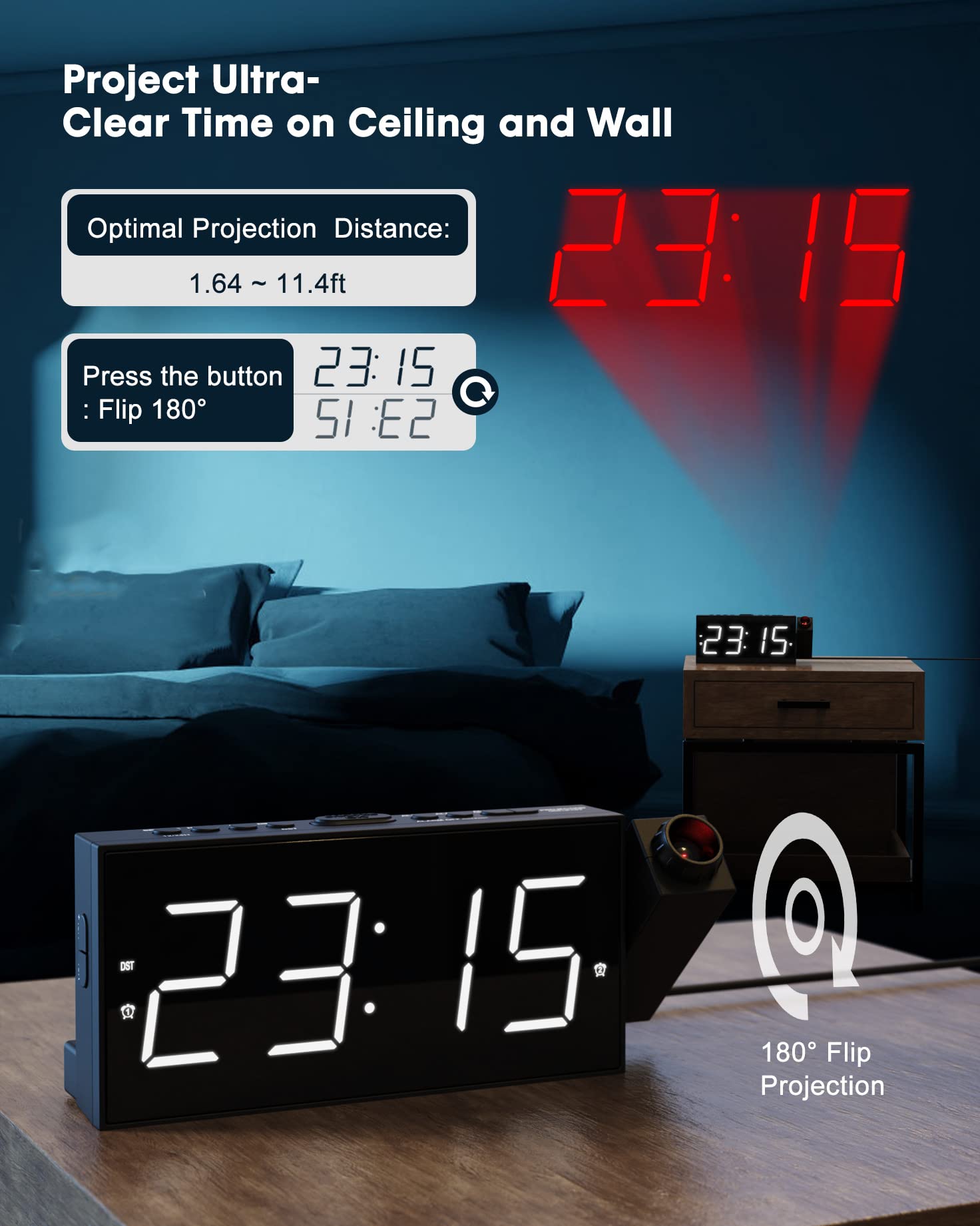 Projection Alarm Clock On Ceiling,Digital Clock For Bedroom With Battery Backup,7   Large Display,Usb Charger,Dimmer,180 Rotatab