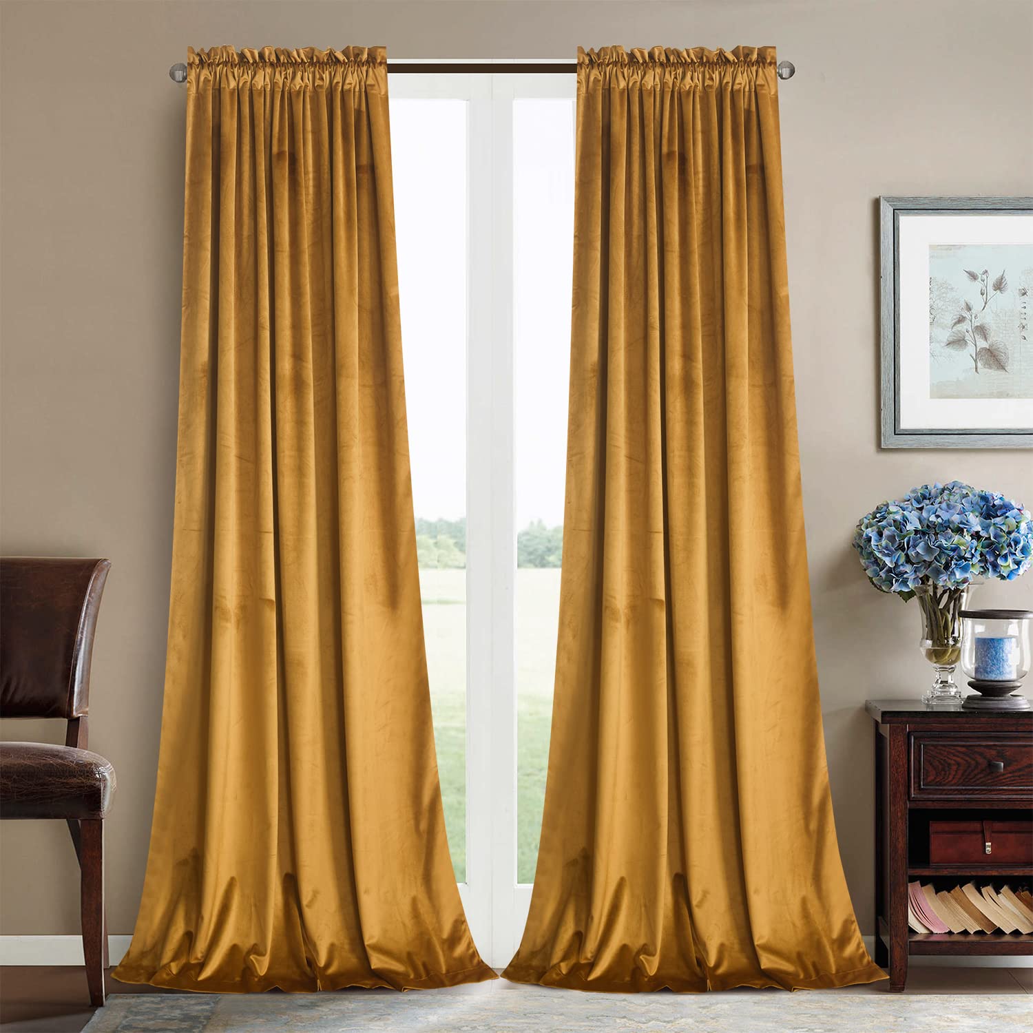 Roslynwood Warm Mustard Velvet Curtains 90 Inches Blackout Rod Pocket Window Drapes Treatment Room Darkening For Bedroom/Living