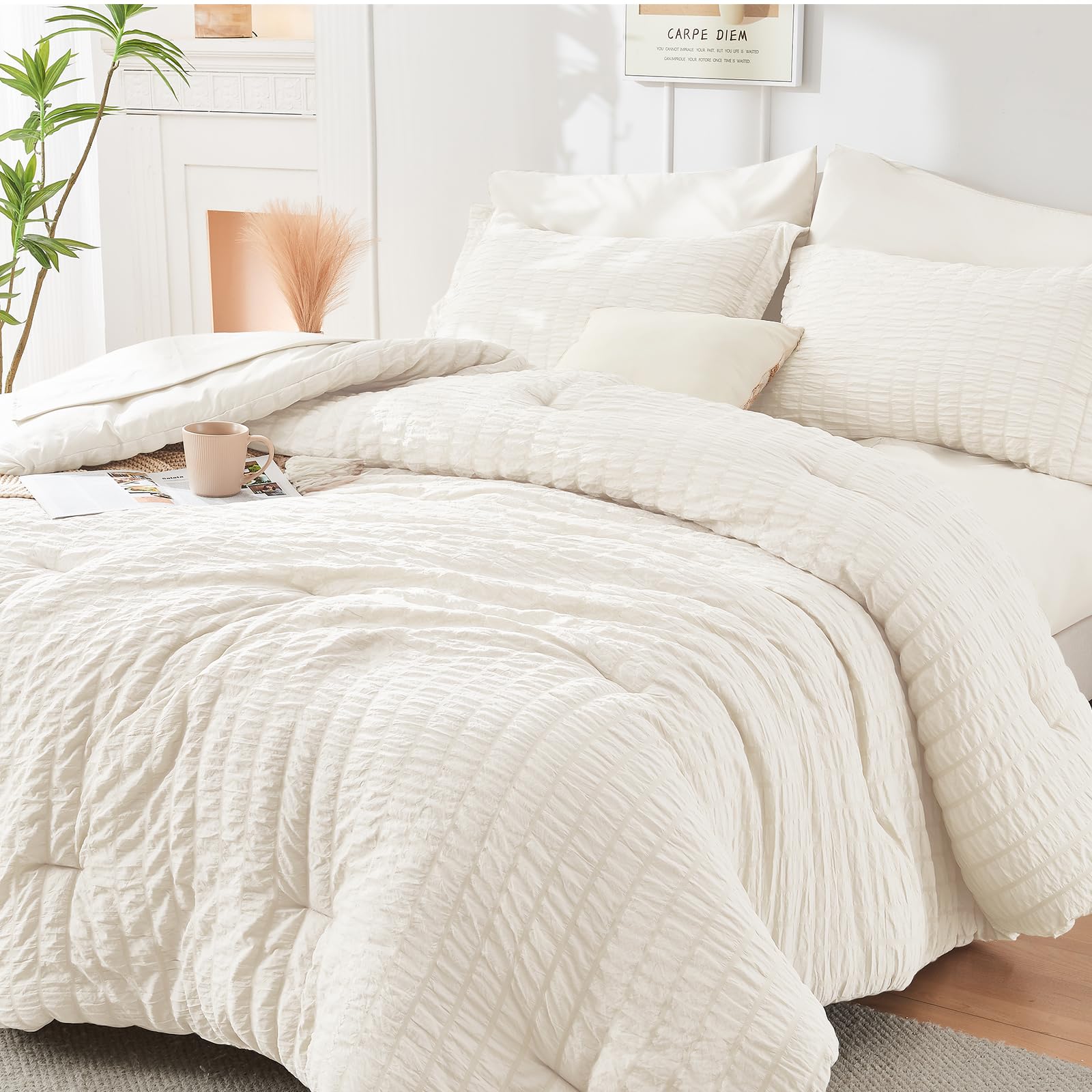 Hymokege Ivory Queen Comforter Set Seersucker 7 Pieces, All Season Luxury Bed In A Bag For Bedroom, Bedding Set With Comforters,