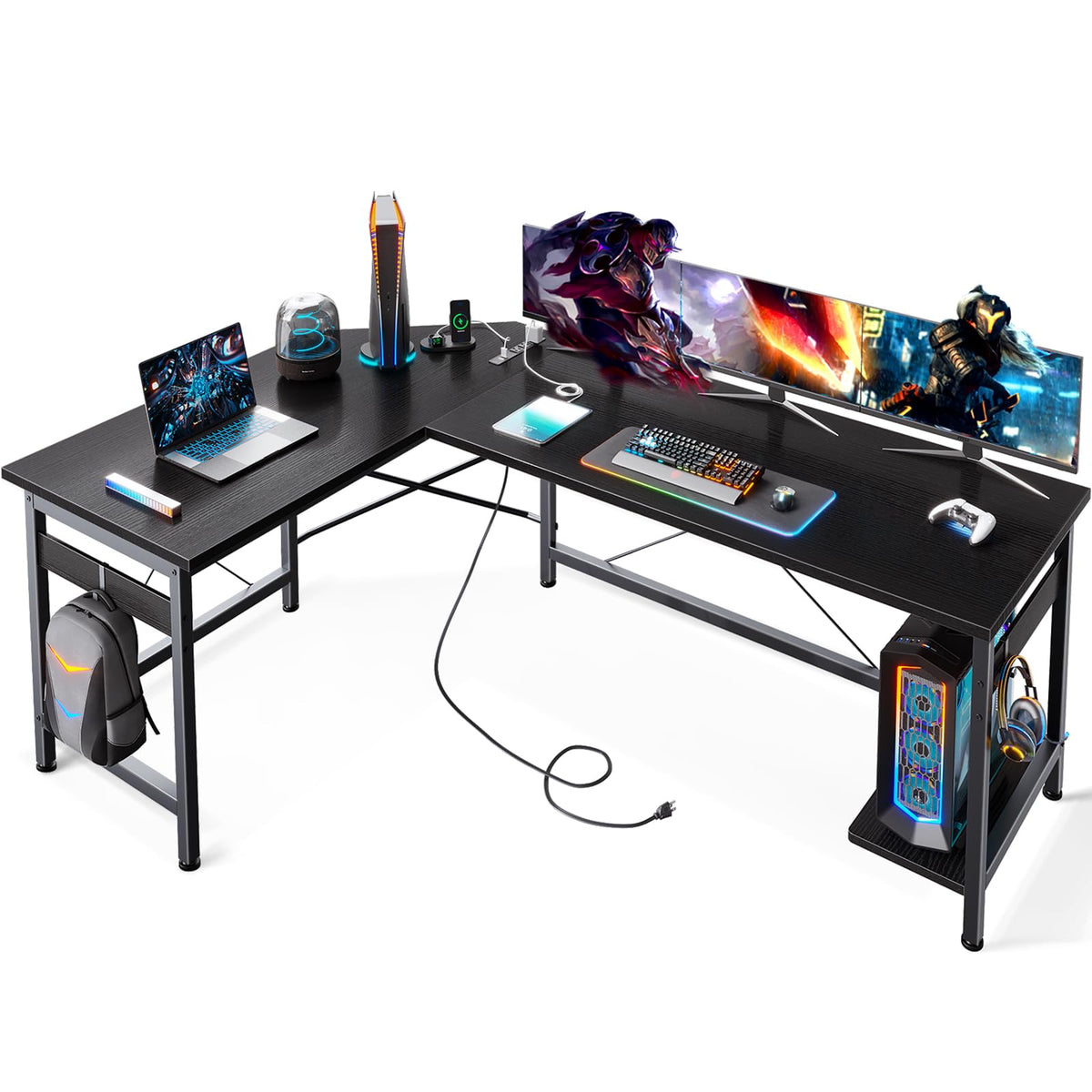 Coleshome 59' L Shaped Gaming Desk With Outlet, L Shaped Desk With Cpu Stand, Corner Computer Desk, Home Office Desk, Writing Desk, Black