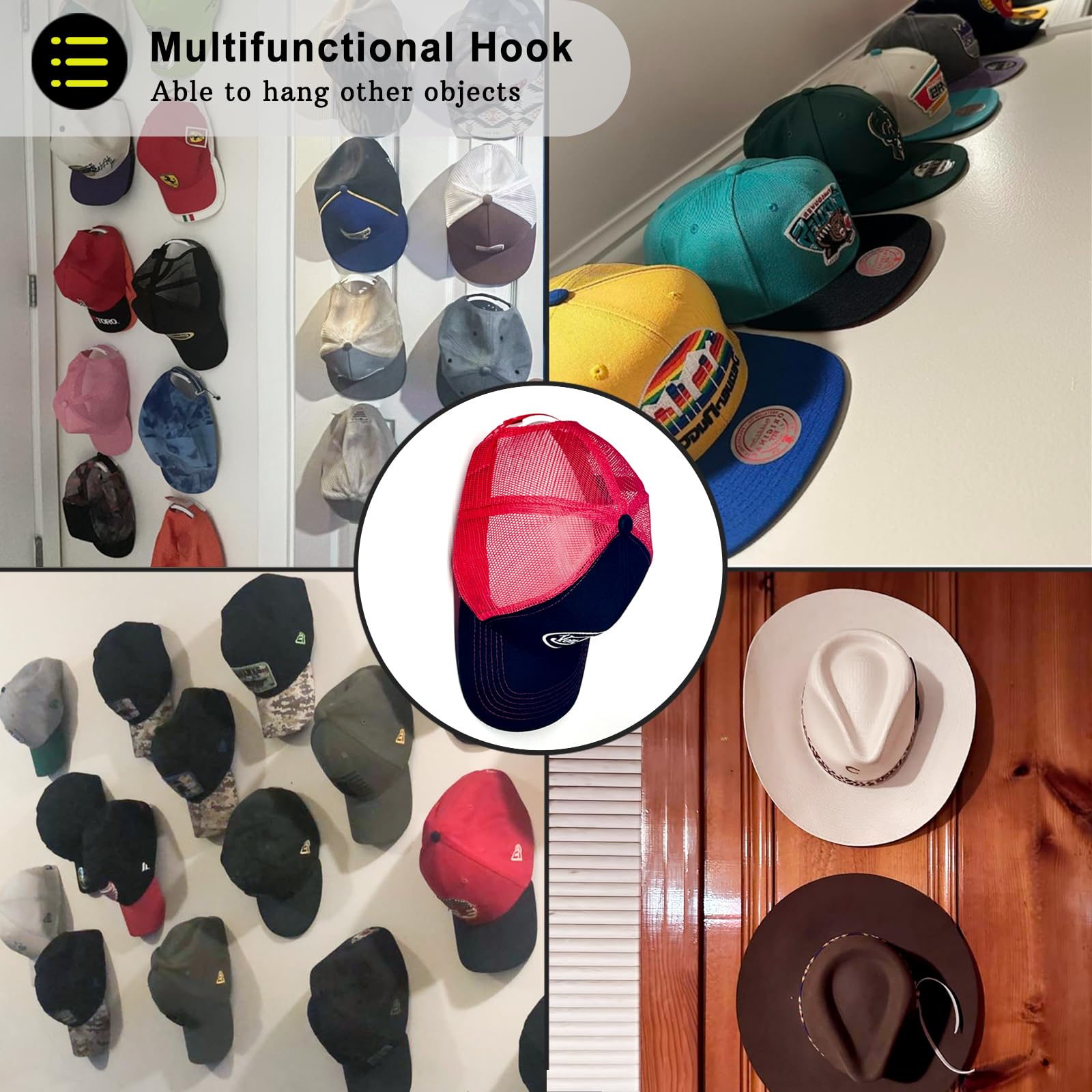 Etowifa 16 Pack Adhesive Hat Organizer Rack For Baseball Caps, Hat Hanger Floating Display For Wall, Over Door And Closet, No-Dr