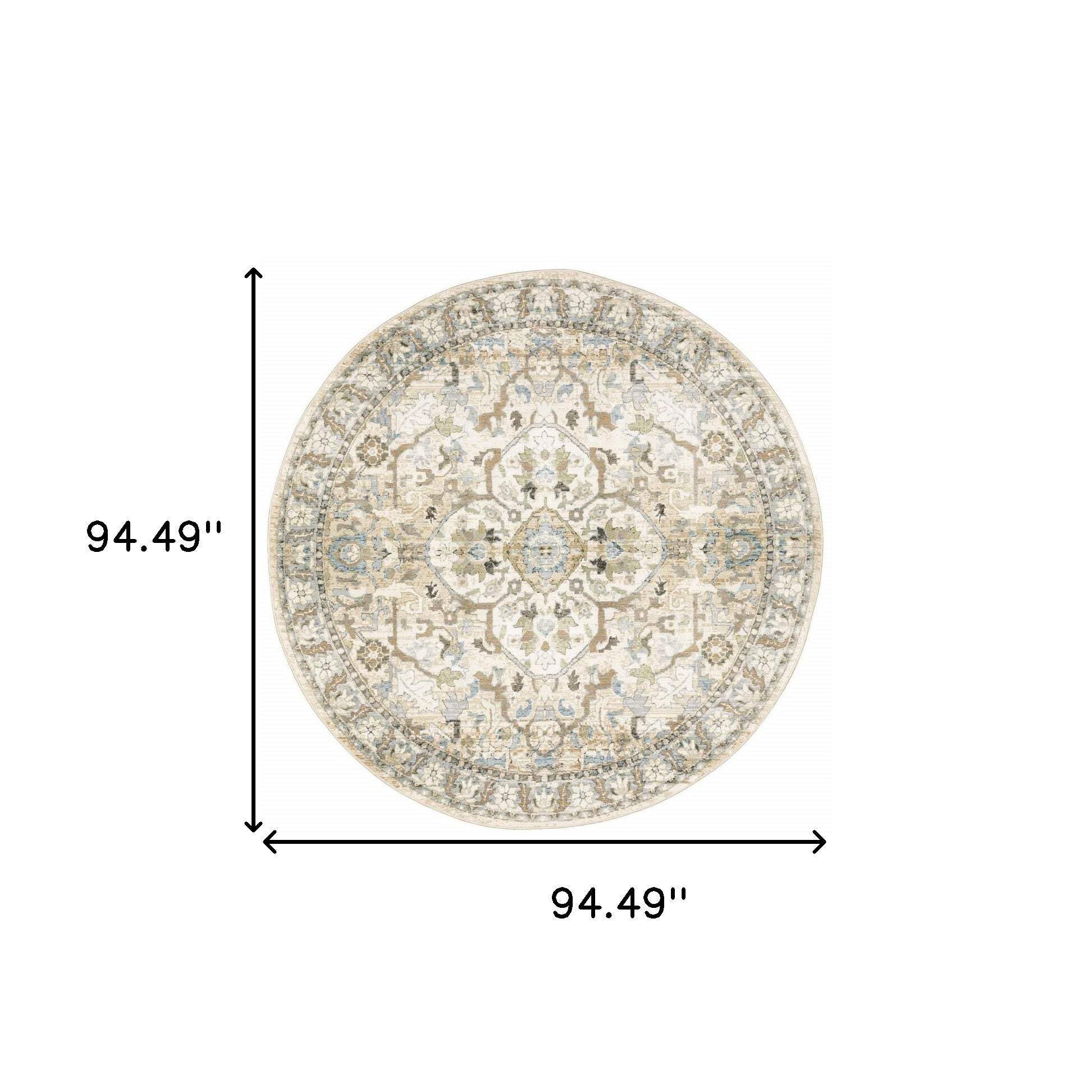 HomeRoots 510150 8 ft. Beige & Ivory Oriental Power Loom Stain Resistant Round Area Rug