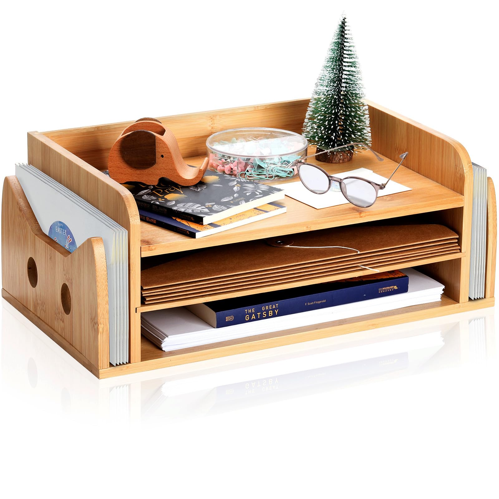 Zoofox Wood Desk Organizer, 5-Tray Paper Letter Tray Organizer With File Holder, Cute Cat-Shaped Desktop File Organizer For Home
