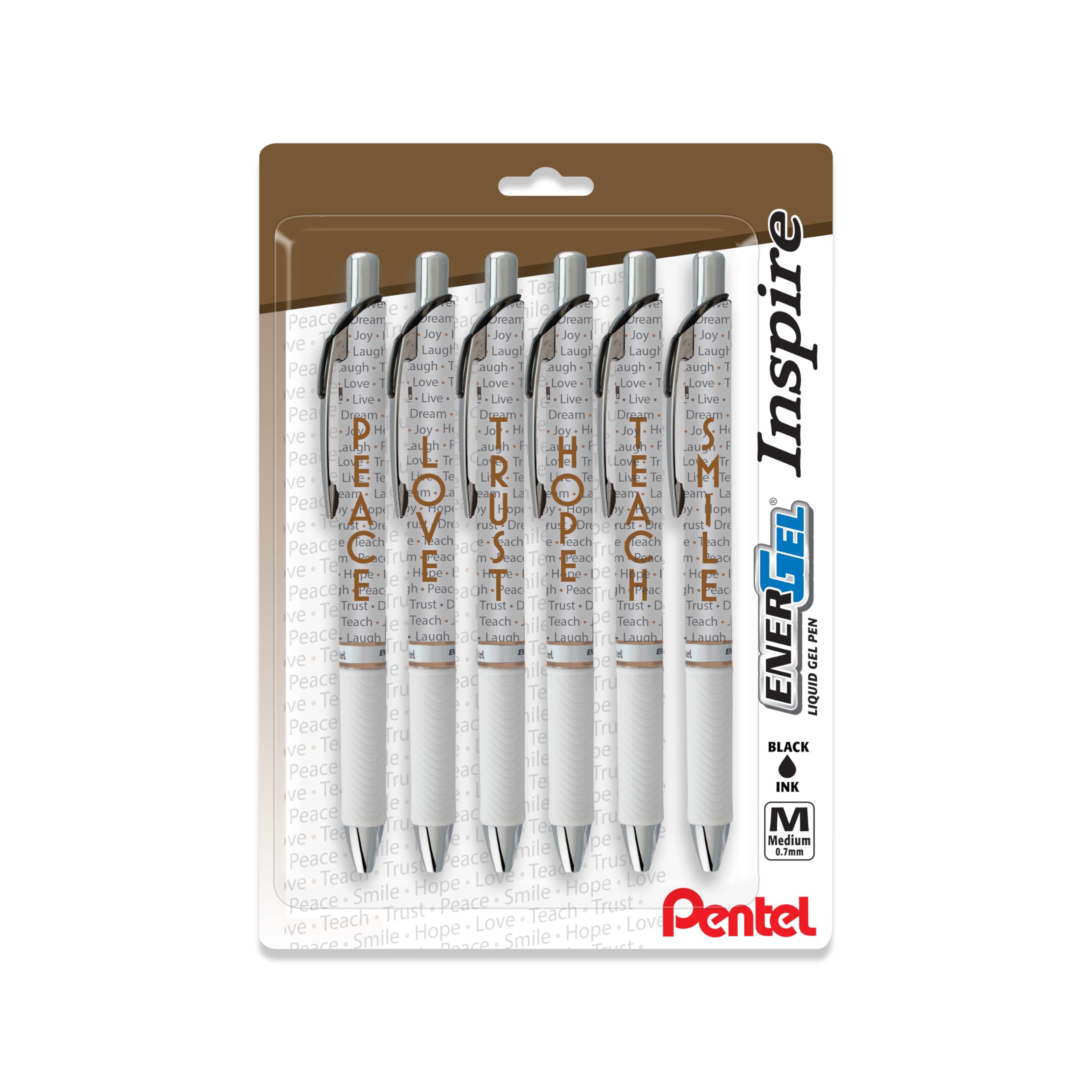 Pentel Energel Inspire Pens, Medium Point, 0.7 Mm, White Barrel, Black Ink, Pack Of 6 Pens