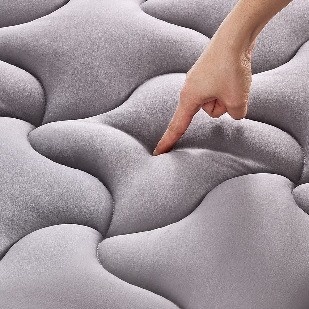 Sleep Zone Cooling Mattress Topper Full Size Mattress Pad, Quilted Fitted Mattress Cover, Machine Washable, Soft Fluffy Down Alternative, Deep Pocket 8~21 Inch (Grey, Full)