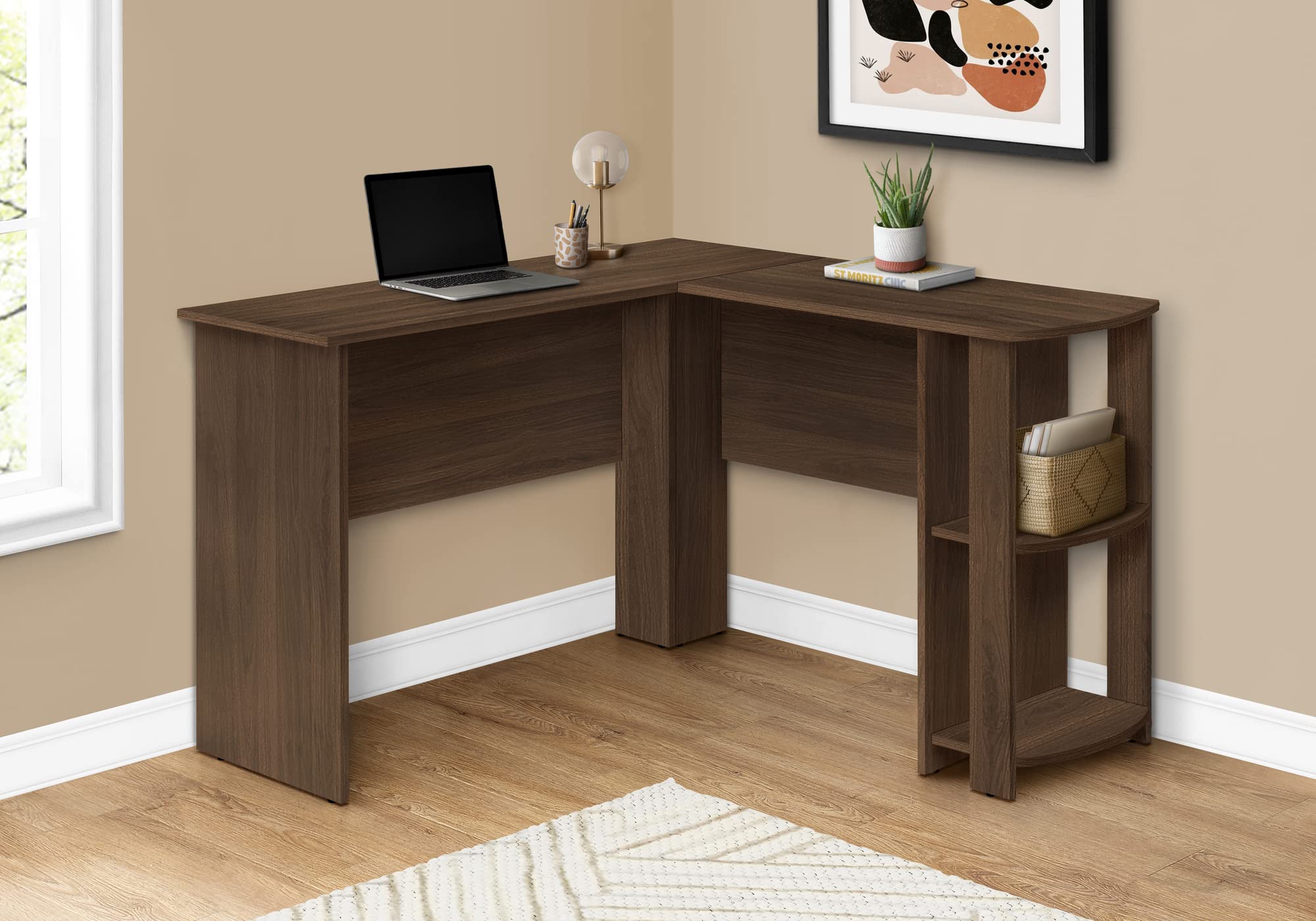 Monarch Specialties 7721, Home Office, Storage, 48', Work, Laptop, Laminate, Brown, Contemporary, Modern Computer Desk-Dark Walnut L-Shaped Corner 2 Shelves, 47' L x 47' W x 29.75' H