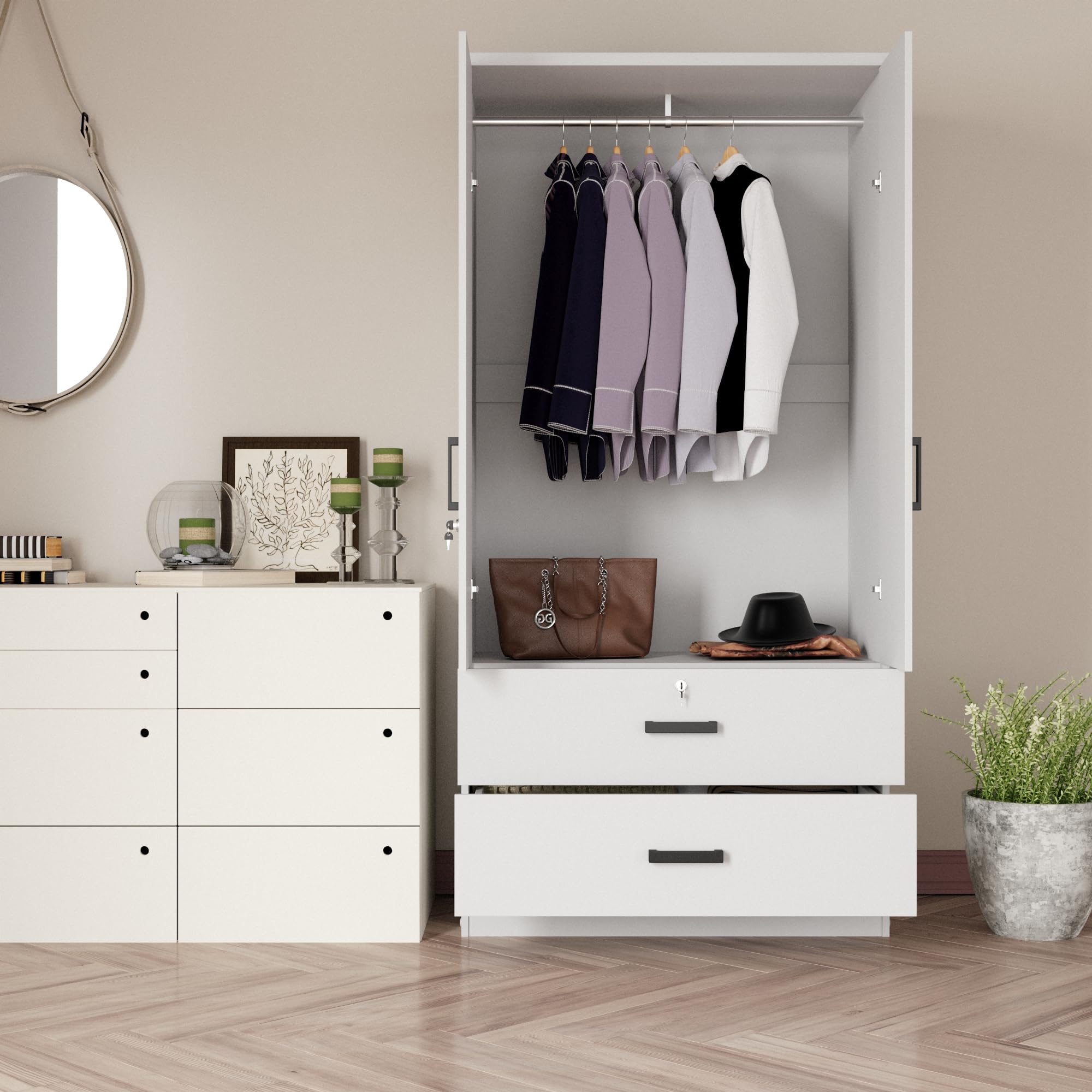 Woodpeckers Furniture And Mattress 2-Door Closet with 2-Drawers (White)