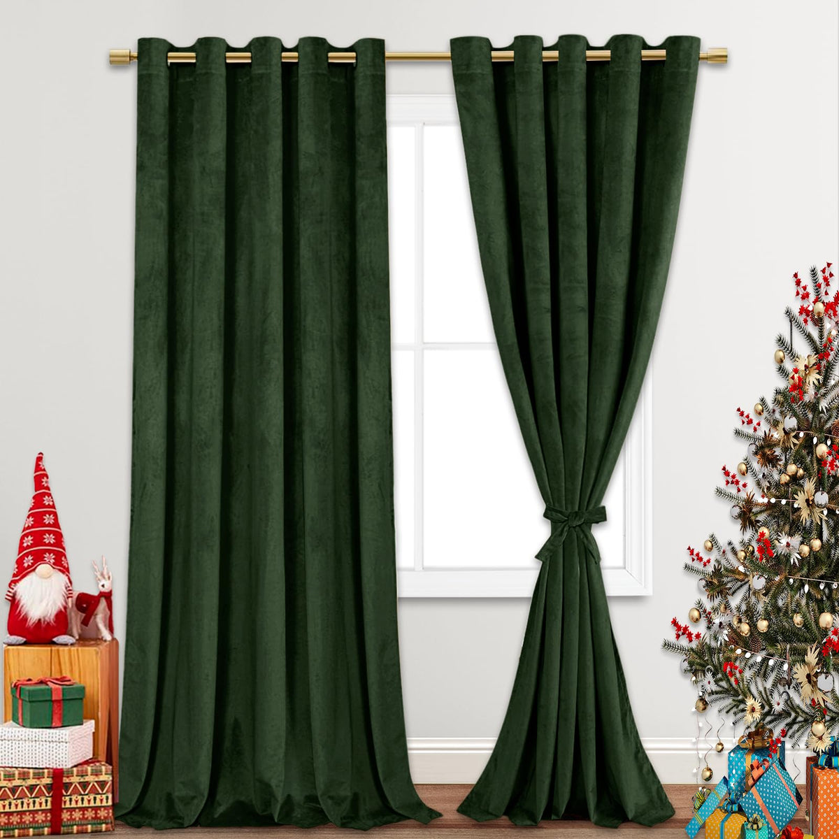 Jiuzhen Oliver Green Velvet Curtains 96 Inches For Living Room - Thermal Insualted Room Darkening Grommet Thick Velvet Window Dr
