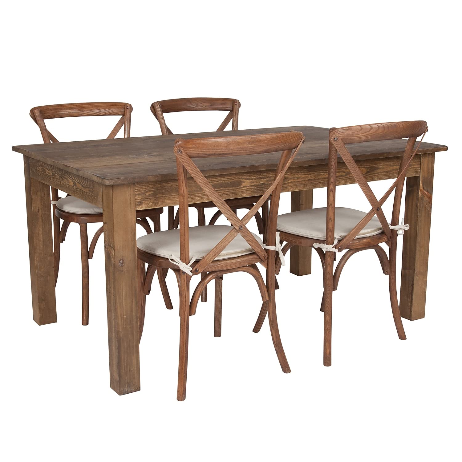 Flash Furniture 60 x 38 Antique Rustic Farm Table Set with 4 Cross Back Chairs and Cushions