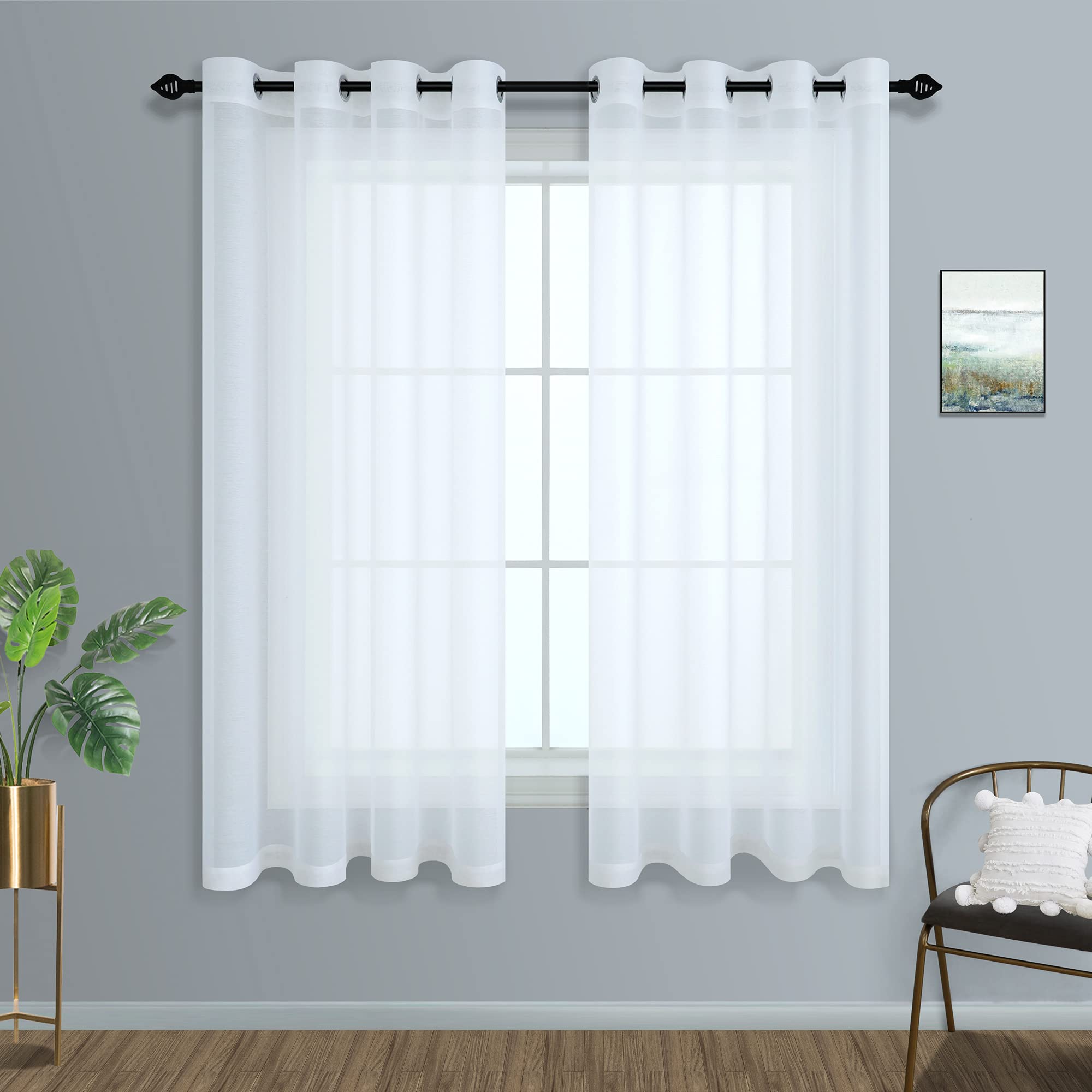 Mrs.Naturall White Sheer Curtains 45 Inch Length For Bathroom Window Set Of 2 Panels Ring Top Grommet Short Curtains For Small W