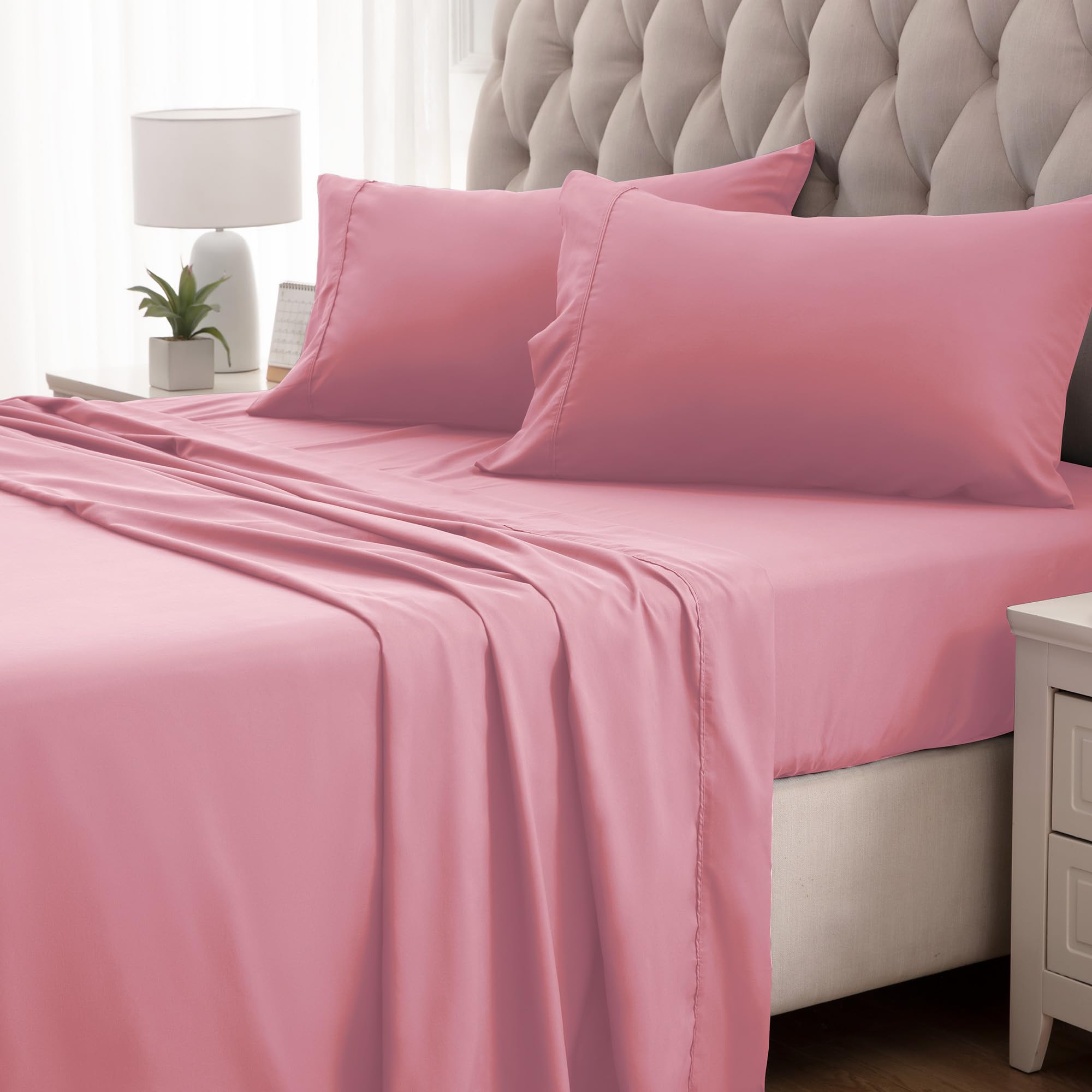 Sleep Zone Nanotex Super Soft Cooling King Bed Sheets Set 4 Piece - Easy Care Fitted Flat Sheet & Pillowcase Sets - Wrinkle Free, Fade Resistant, Deep Pocket 16' (Ballet Pink, King)