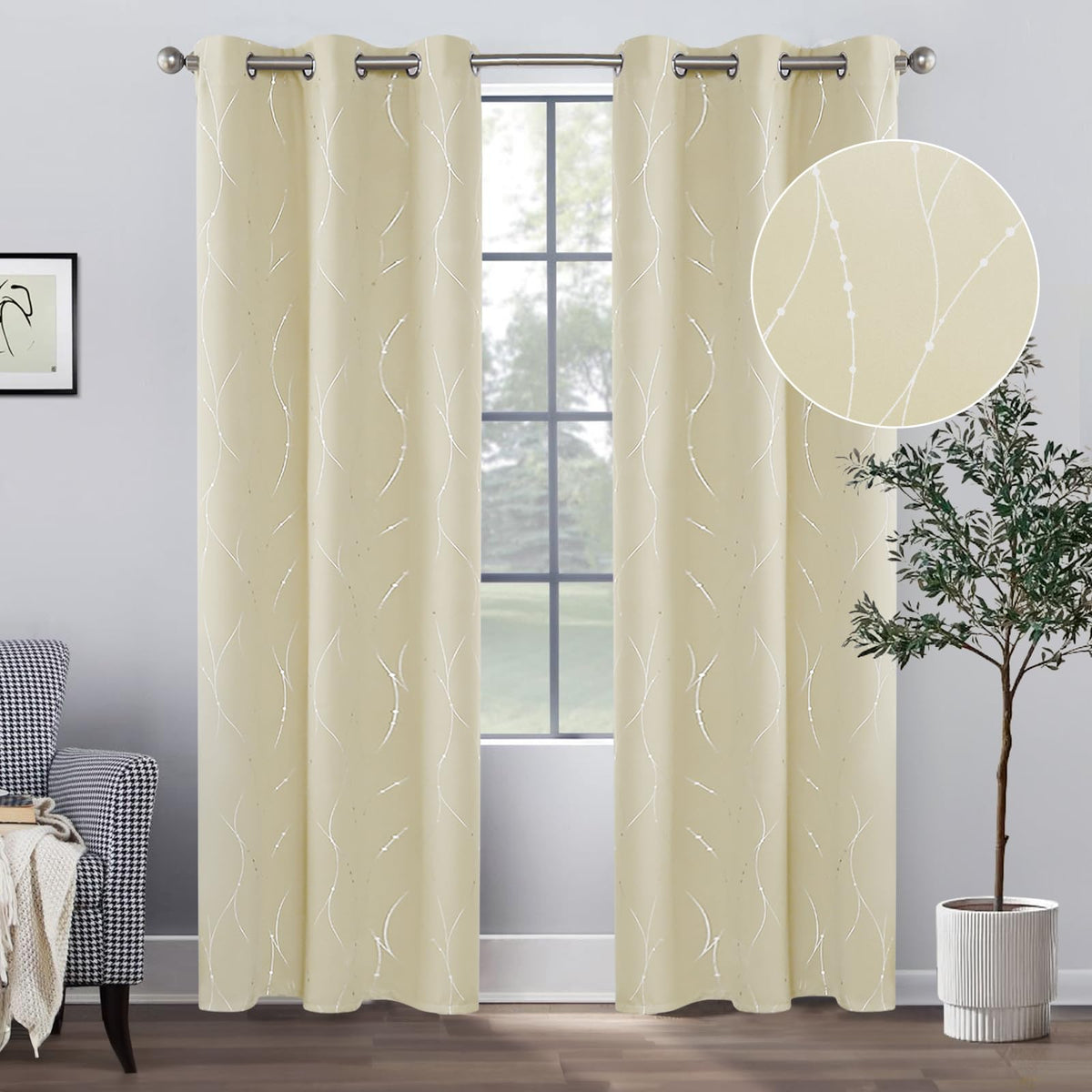 Buhua Beige Blackout Curtains 84 Length, Living Room Curtains 2 Panel Sets, Silver Kitchen Curtains With Wave Line And Dots, The