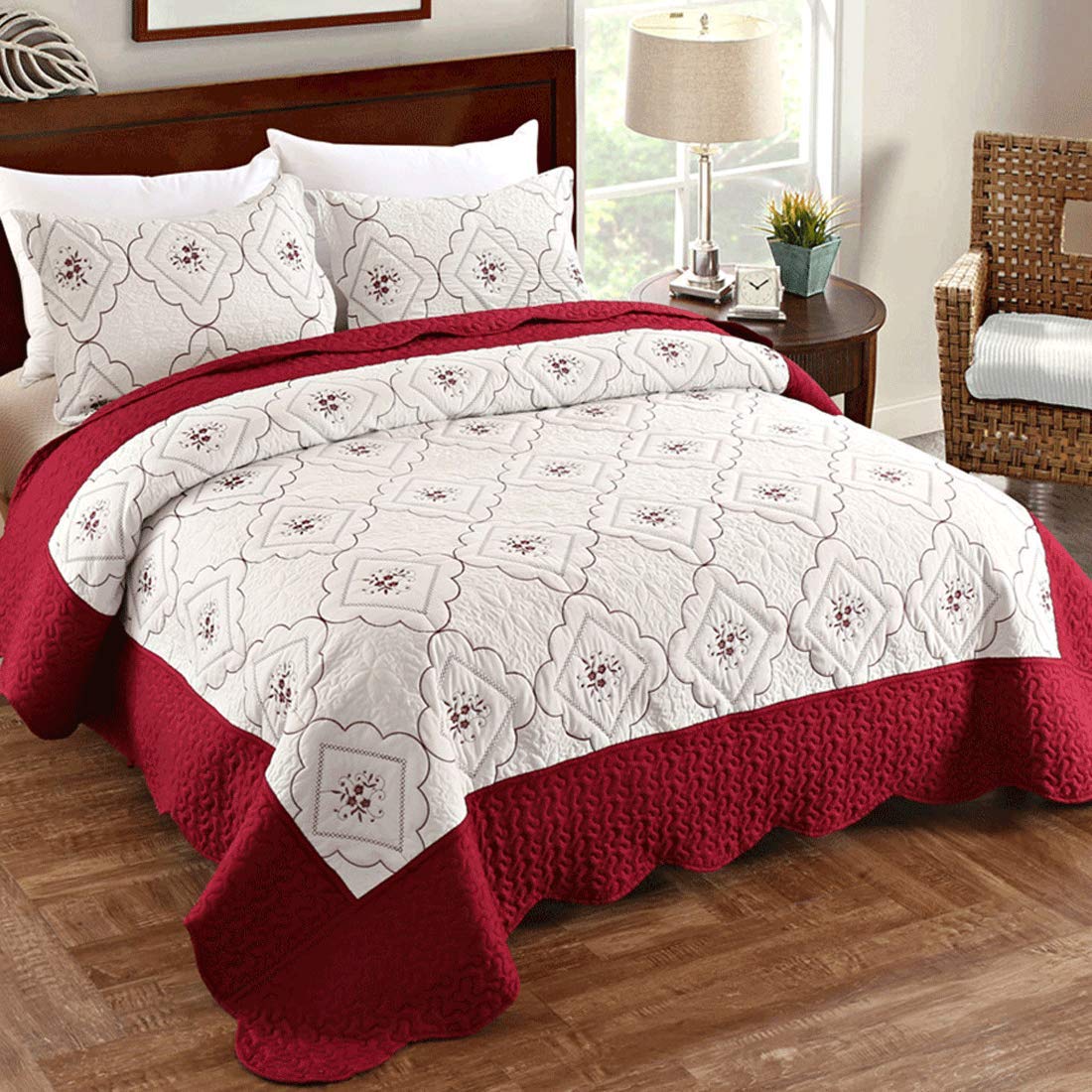 3 Pcs Embroidered Quilt Full/Queen Size Floral Bedspread Soft Breathable Flower Coverlet Burgundy White Bed Cover Embroidered Be