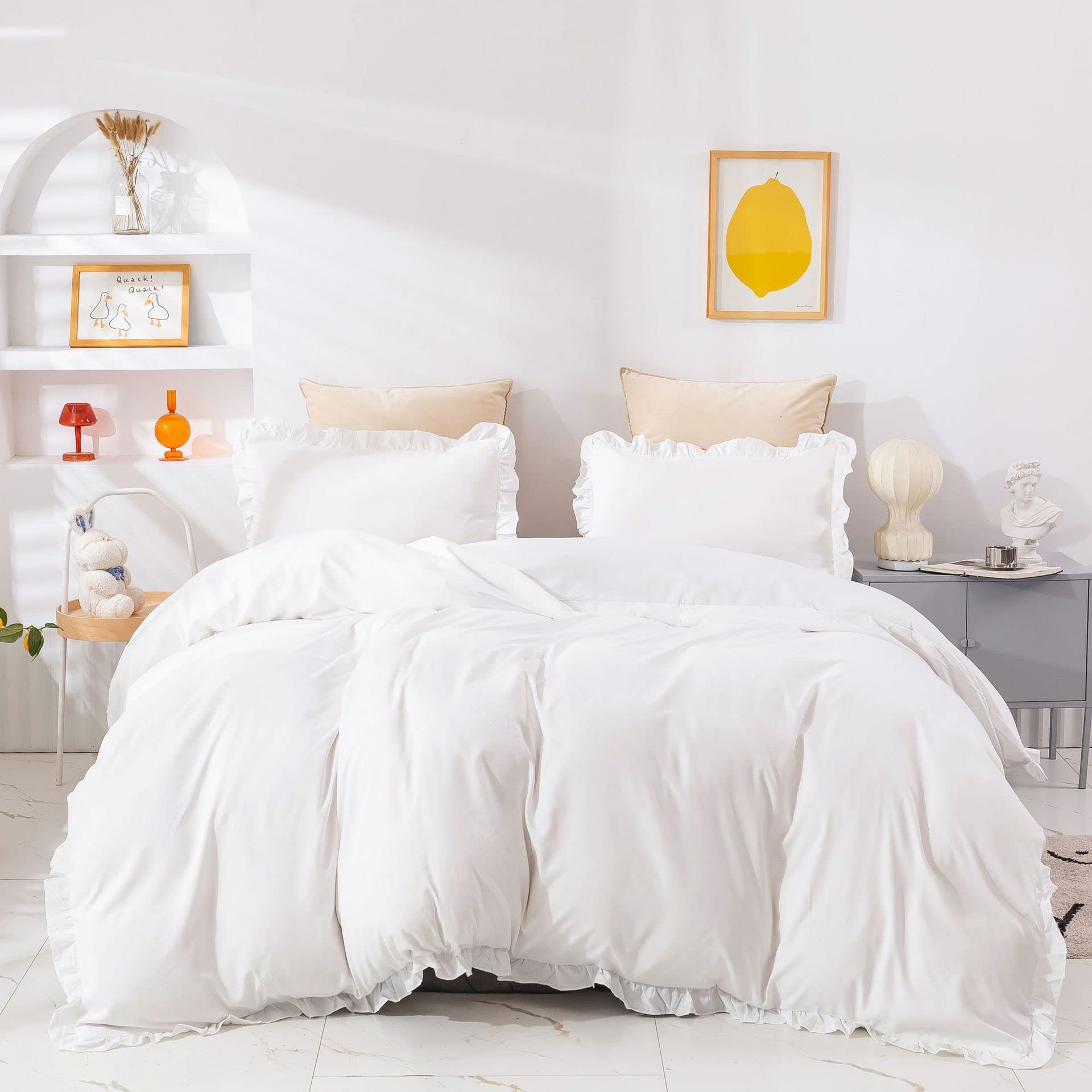Cottonight White Comforter Set Queen Ruffle White Bedding Comforter Set Farmhouse Boho Ruffles White Blanket Quilts Soft Breatha