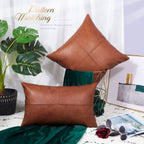 Brawarm Faux Leather Throw Pillow Covers 16 X 16 Inches, Cognac Leather Pillow Cover, Hand Stitched Leather Decorative Pillow Co