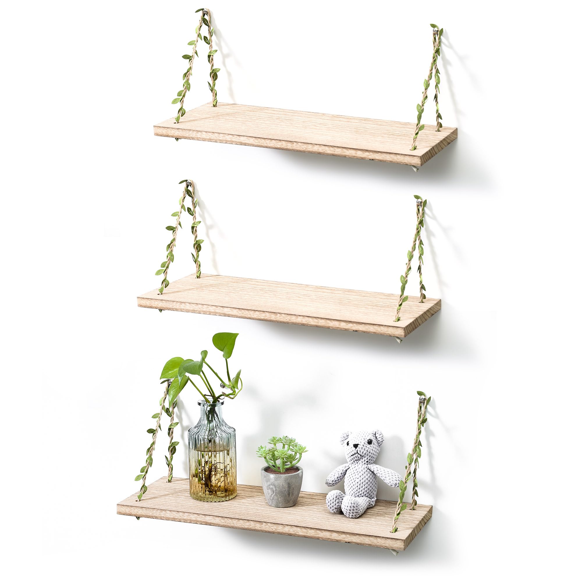 MITIME Leaf Rope Hanging Floating Shelves, Wall Swing Storage Shelf for Home Decor.17, 3-Pack (Light Color)