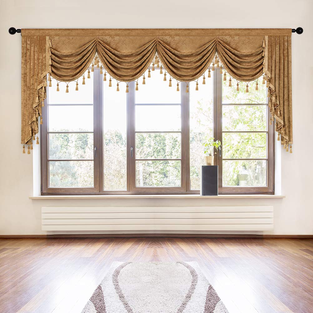 Elkca Thick Chenille Window Curtains Valance For Living Room Large Waterfall Valance For Bedroom,Rod Pocket,1 Panel (Bronze, W11