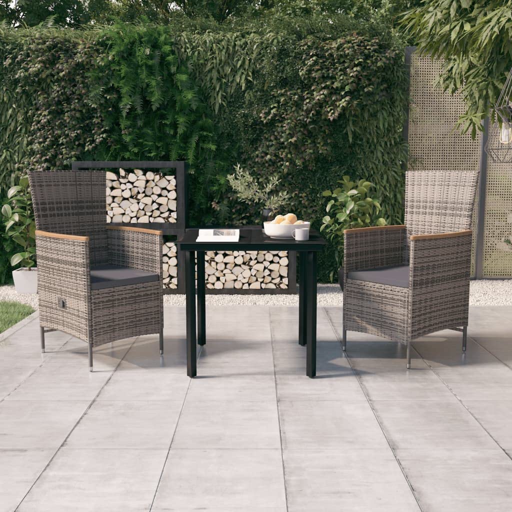 vidaXL 3-Piece Patio Dining Set with Reclining Chairs - Outdoor Garden Furniture Set in Gray and Black - Easy-to-Clean Glass Tabletop, Water-Resistant PE Rattan, and Thickly Padded Cushions