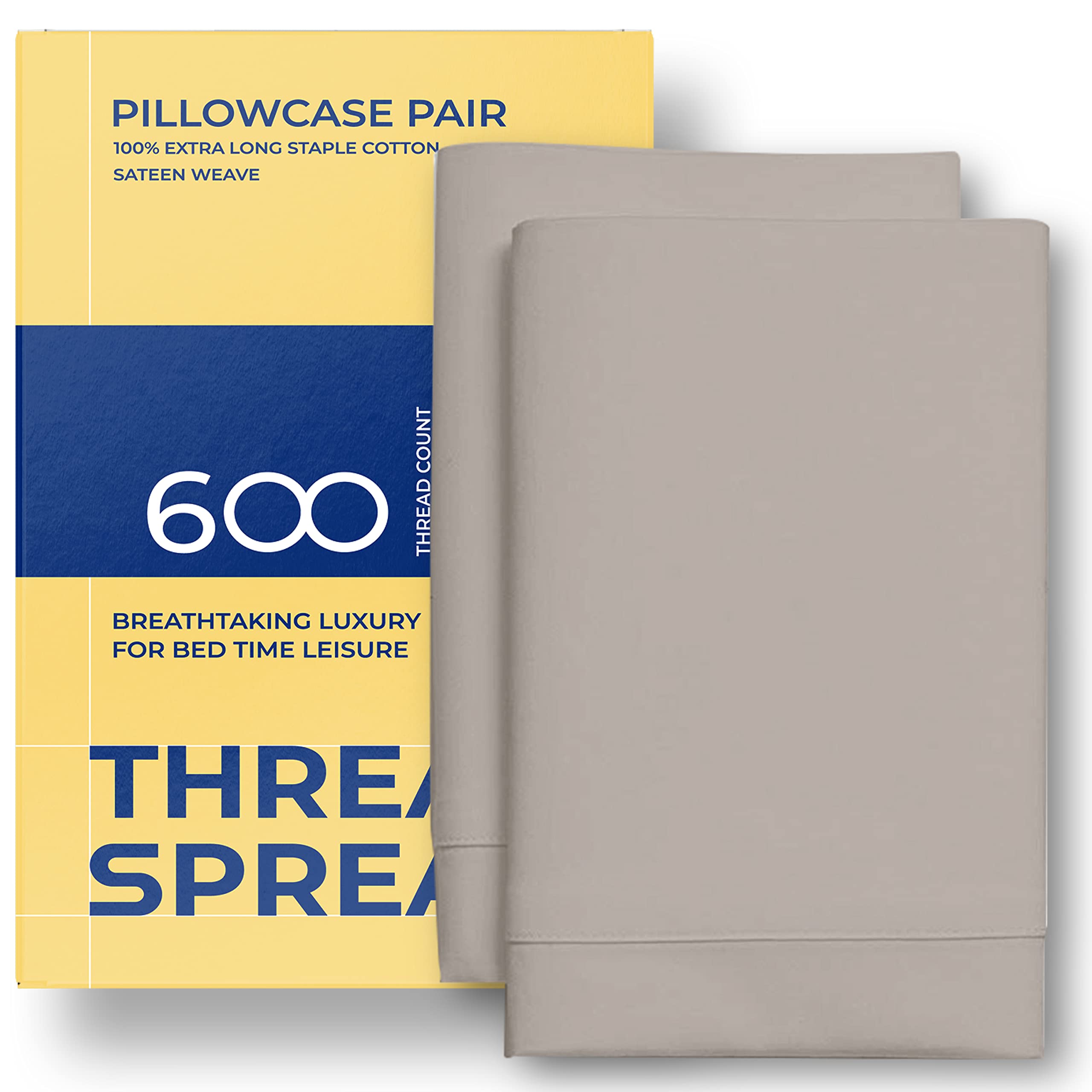 Thread Spread 100% Egyptian Cotton Pillow Cases - 600 Thread Count Pillow Cases Queen/Standard Size Set Of 2, Soft & Breathable