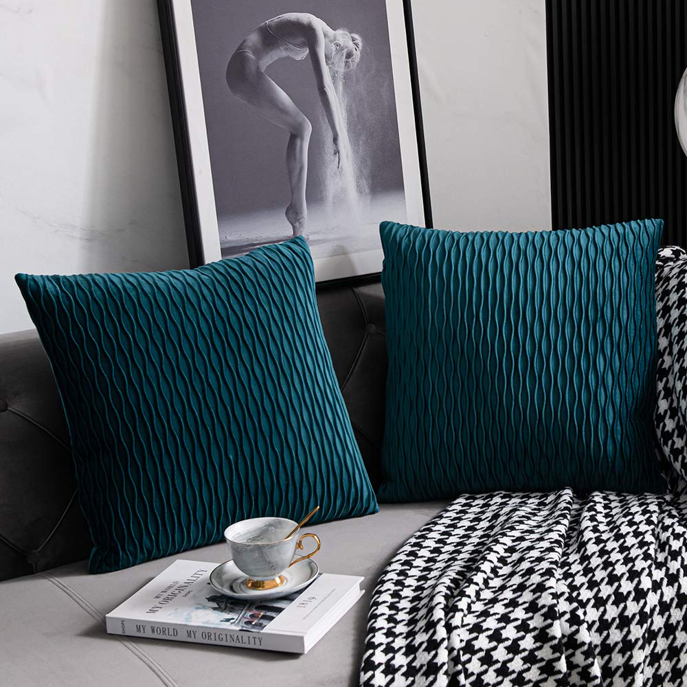 Dezene 22X22 Teal Throw Pillow Cases: 2 Pack Original Striped Velvet Square Decorative Pillow Covers For Farmhouse Couch