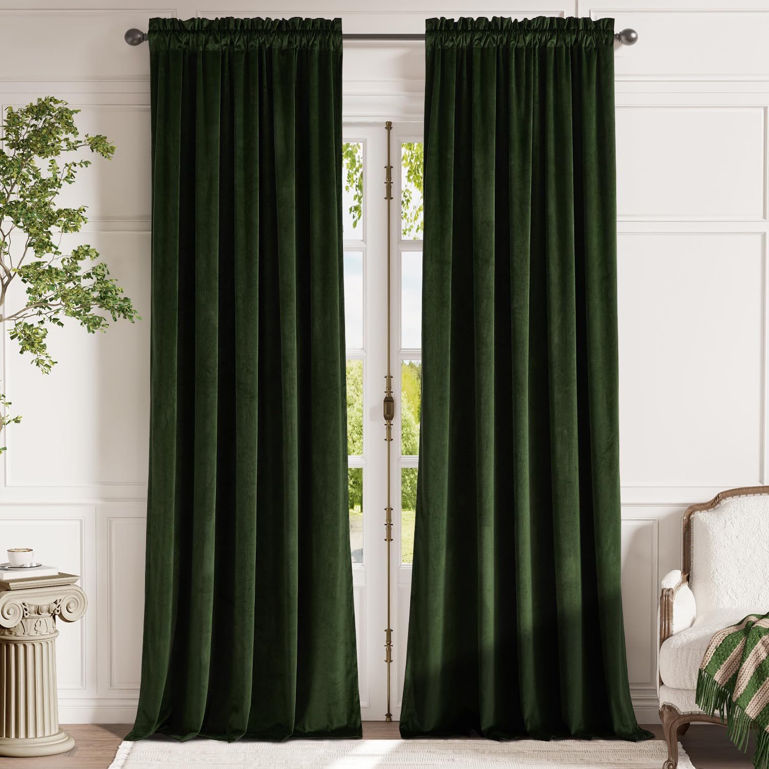 Lazzzy Green Velvet Curtain Thermal Insulated Curtains 120 Inch Long Drapes For Bedroom Living Room Darkening Window Treatments Rod Pocket, Set Of 2, Moss Green