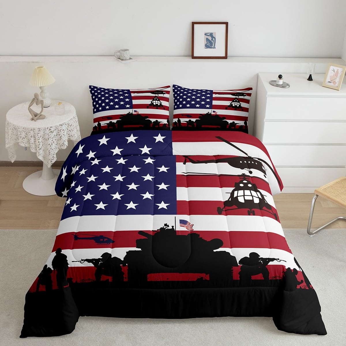 American Flag Comforter Set For Girls Kids Boys Men Soldier Rifle Helicopter Tank Bedding Set Red Blue Stars Stripes Usa Flag Co