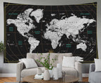 Capsceoll World Map Tapestry Wall Hanging Black White Tapestry Home D  Cor For Home 40X30 Inch Map For Kids Room Wall Art