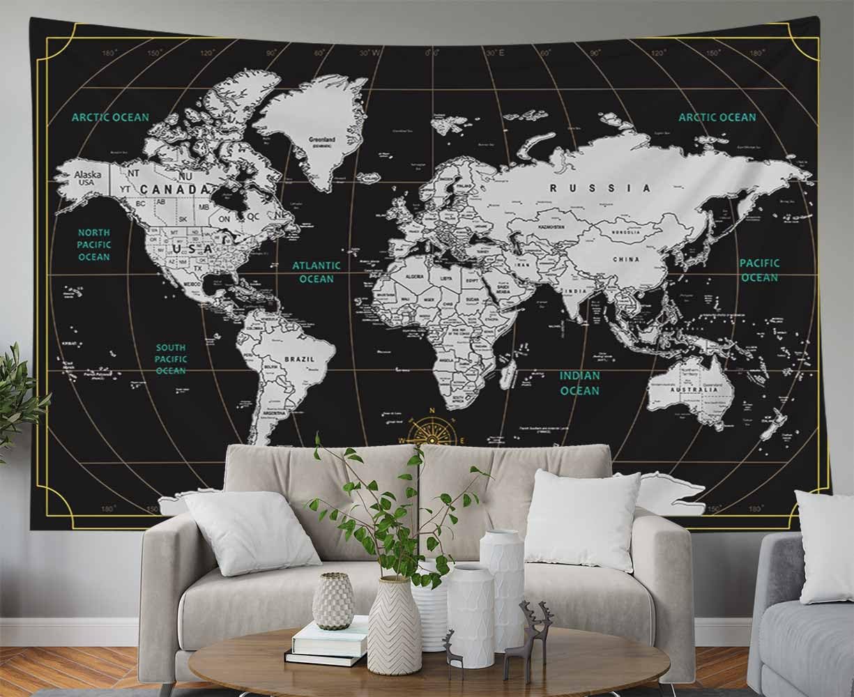 Capsceoll World Map Tapestry Wall Hanging Black White Tapestry Home D  Cor For Home 40X30 Inch Map For Kids Room Wall Art