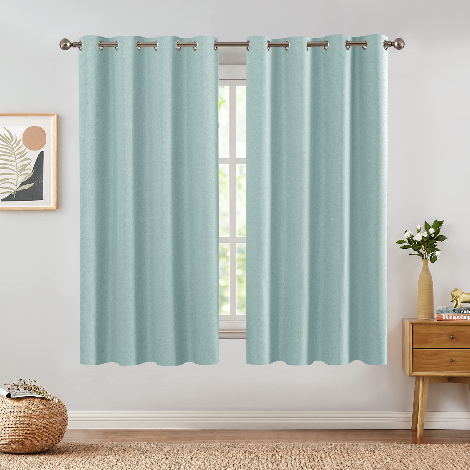 Jinchan Linen Textured Curtains Living Room Thermal Curtains Room Darkening Thermal Insulated Window Curtains 63 Inches Long Aqua Blue Curtains For Bedroom Window Drape Grommet Top 1 Panel