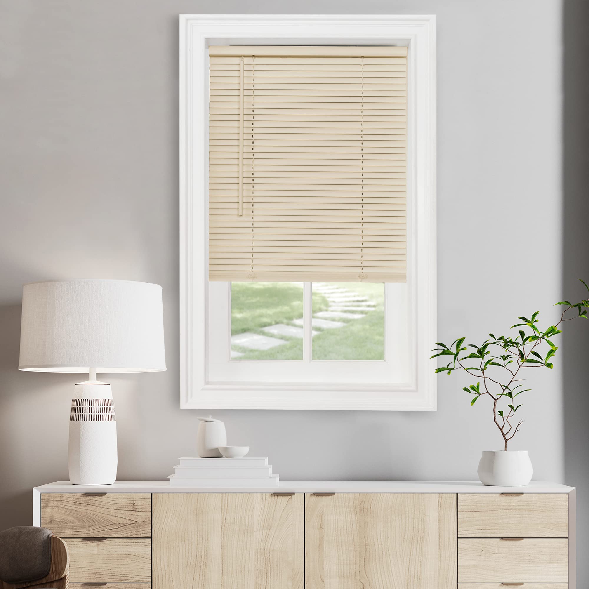 Cordless Light Filtering Mini Blind - 40 Inch Width, 64 Inch Length, 1' Slat Size - Alabaster - Cordless Gii Morningstar Horizo