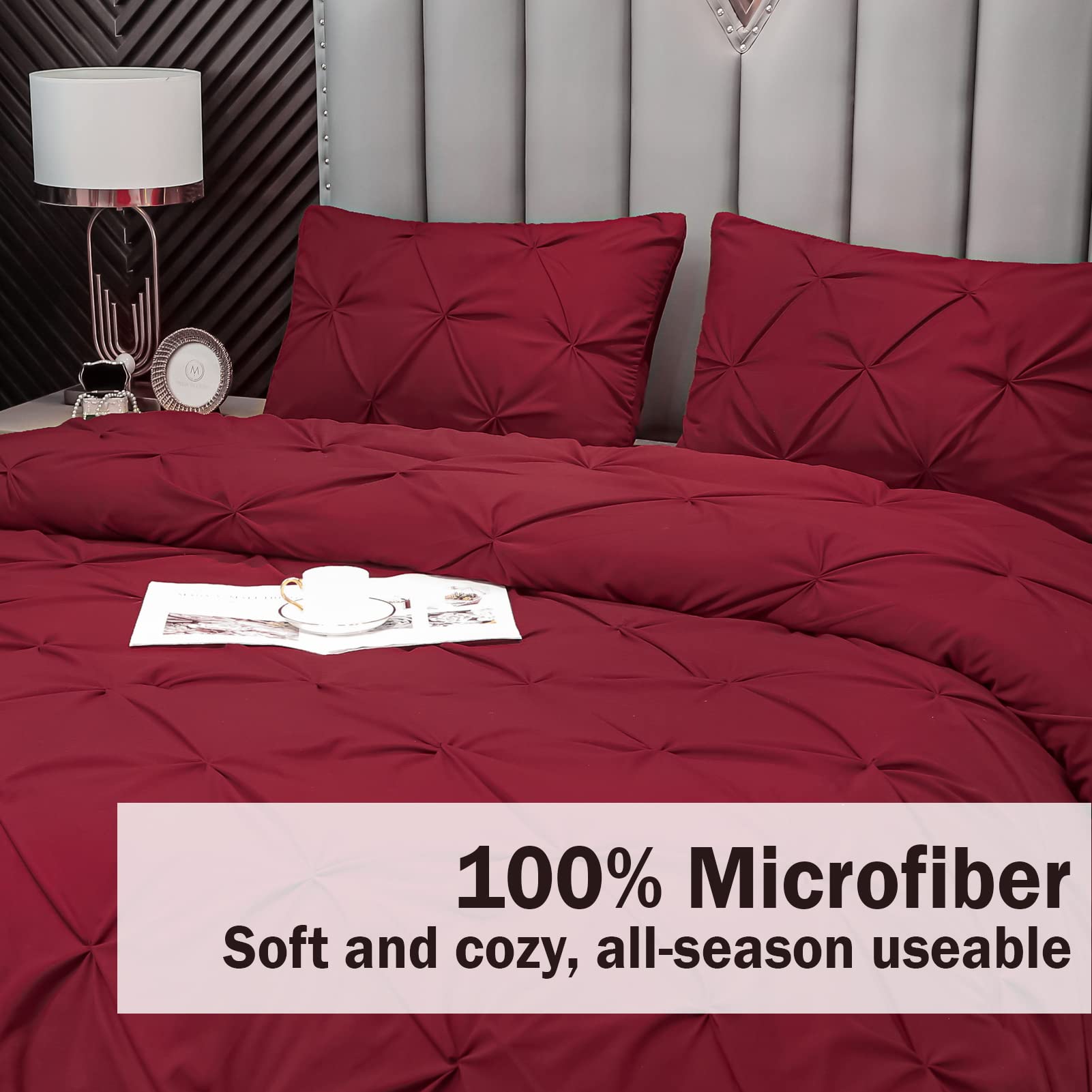 Andency Burgundy Comforter Set Full(79X90Inch), 3 Pieces(1 Pintuck Comforter And 2 Pillowcases) All-Season Pinch Pleat Comforter Set, Soft Lightweight Microfiber Bedding Comforter Set