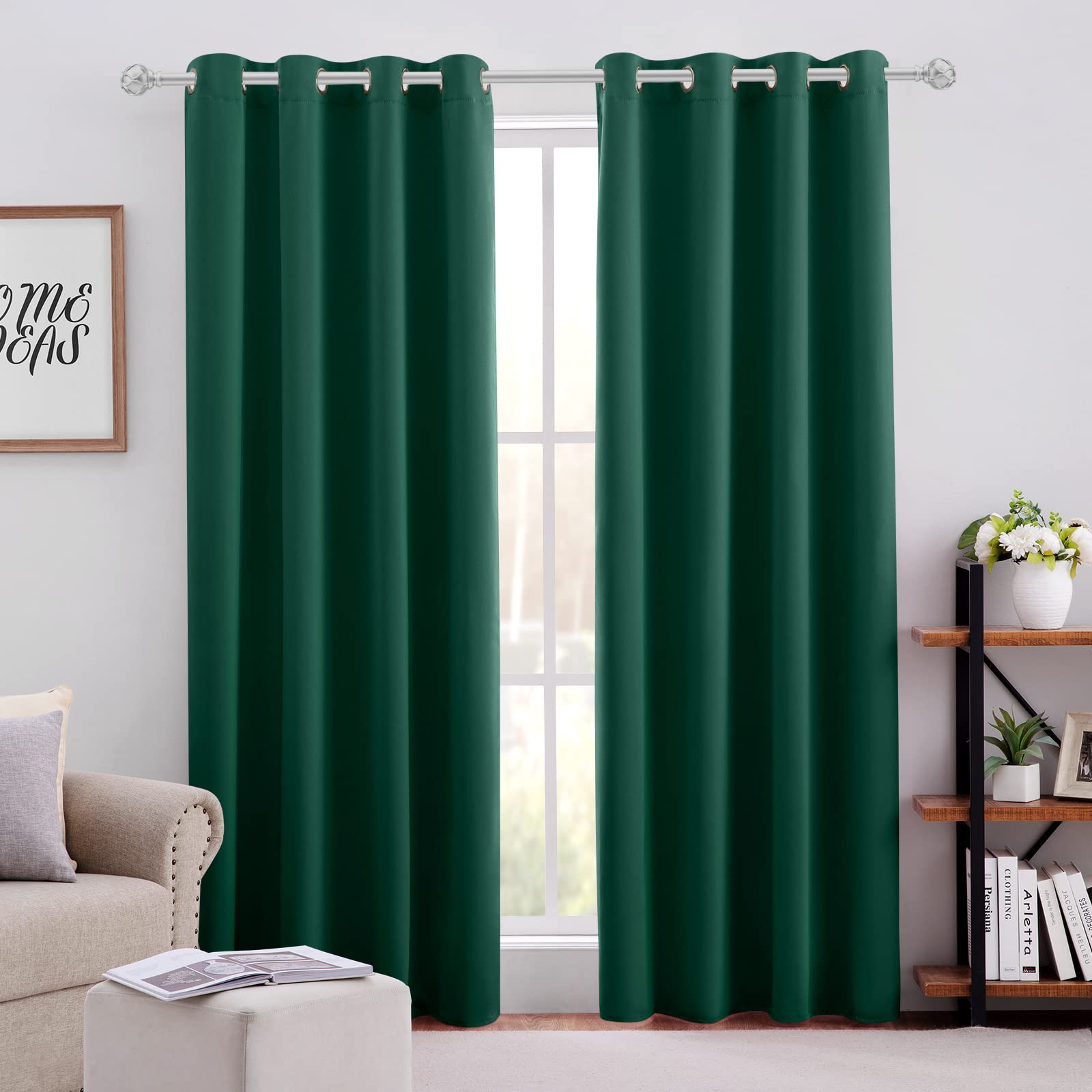 Homeideas Dark Green Blackout Curtains For Bedroom 52 X 84 Inch Length 2 Panels Set Room Darkening Bedroom Curtains, Soundproof