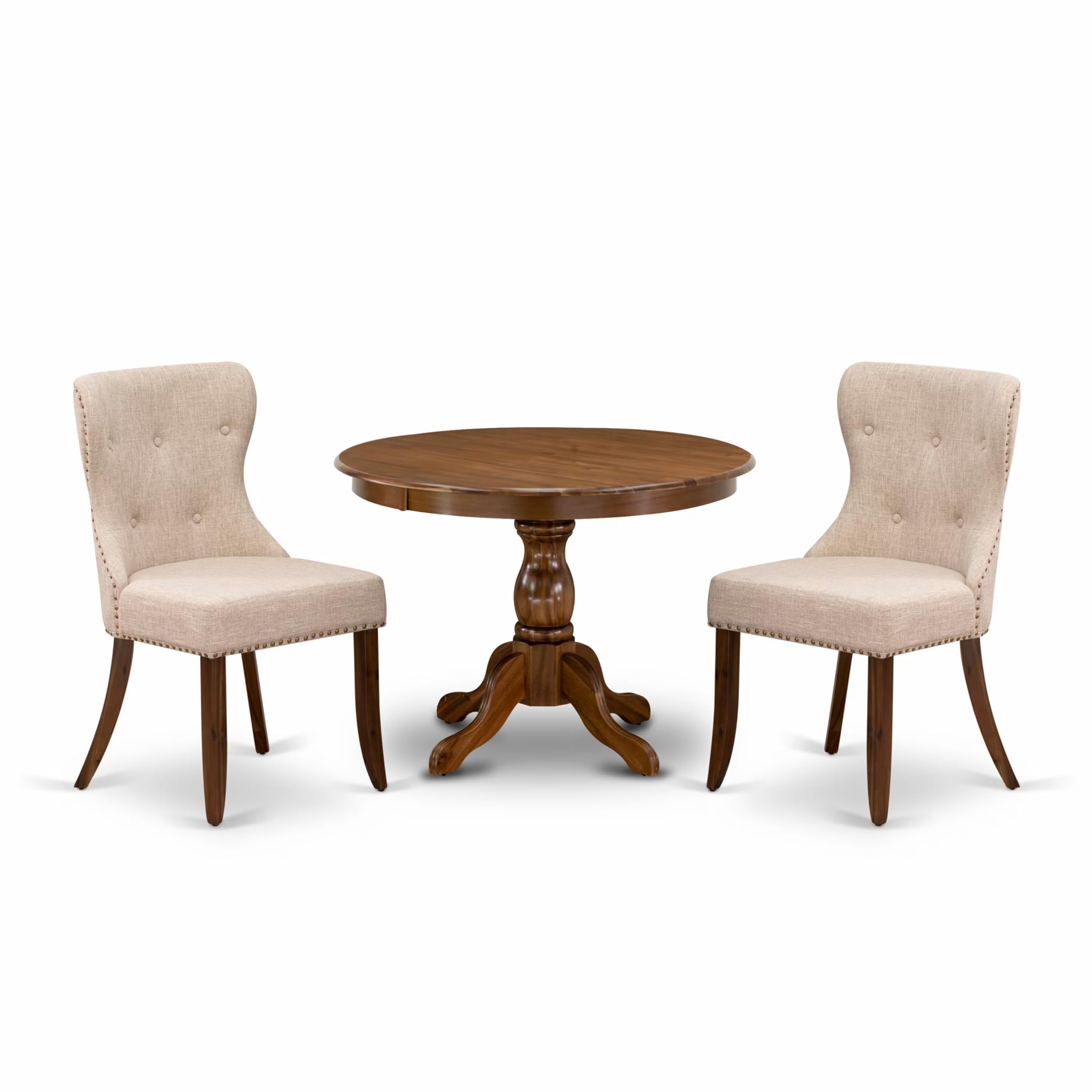 East West Furniture HBSI3-AWA-04 3 Piece Dining Set Contains a Round Dining Room Table with Pedestal and 2 Light Tan Linen Fabric Upholstered Chairs, 42x42 Inch, Walnut