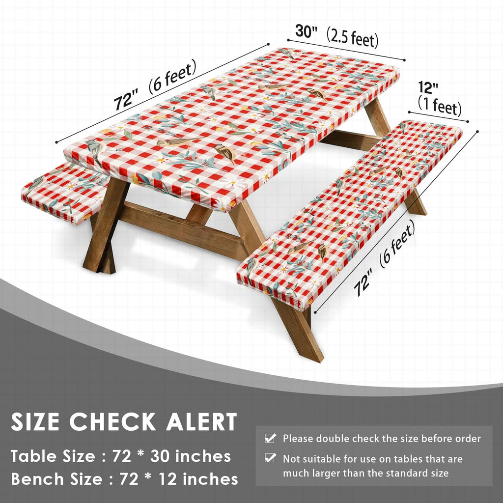 Britown Birds Picnic Table Cover With Bench Covers, Red Checkered Fitted Rectangle Table Cover, Outdoor Patio Camping Essentials