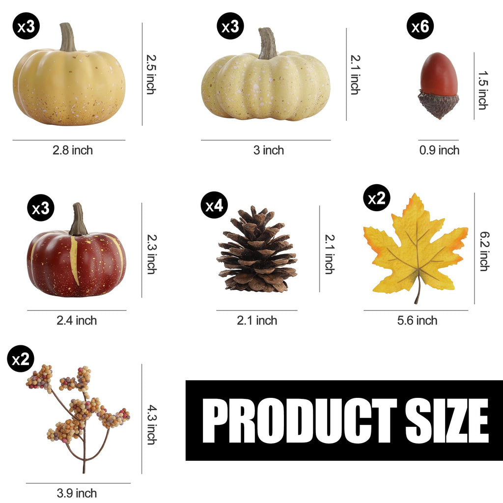Artgar Pumpkin Decor Set, 23 Pcs Fall Harvest Decorations Including Mini Pumpkins, Acorns, Pinecones, Berries, Maple Leaves For