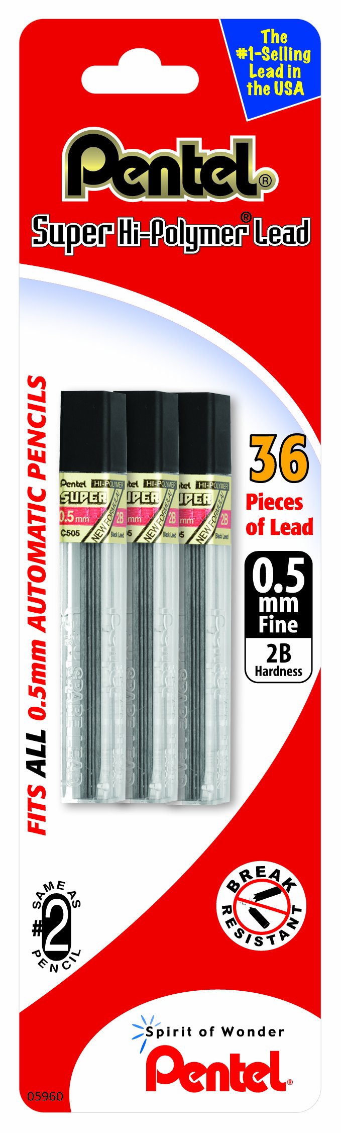 Pentel Super Hi-Polymer Leads, 0.5 Mm, 2B, 12 Leads Per Tube, (Pack Of 6, 72 Count Total)