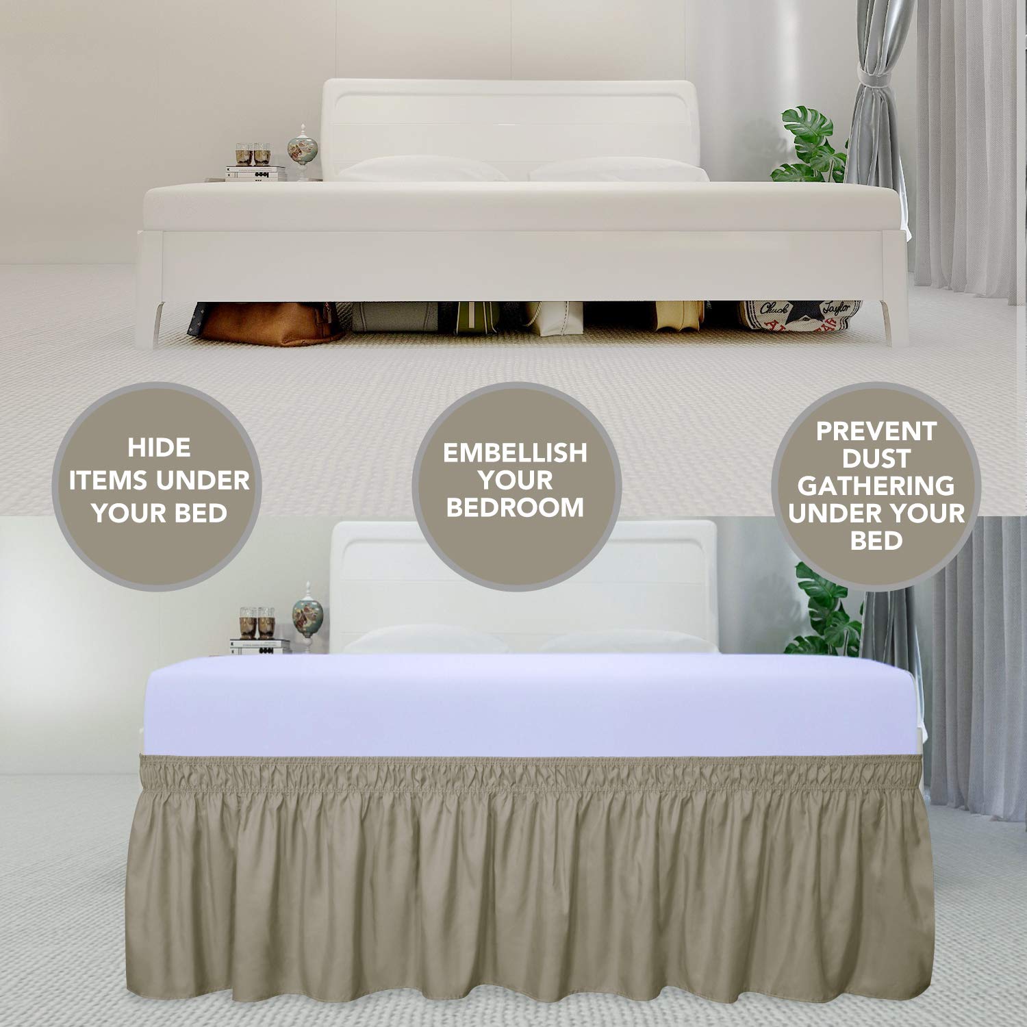 Purefit Wrap Around Ruffled Bed Skirt With Adjustable Elastic Belt - 14 Inch Drop Easy To Put On, Wrinkle Free Bedskirt Dust Ruffles, Bed Frame Cover For Twin,Twin Xl And Full Size Beds, Sand