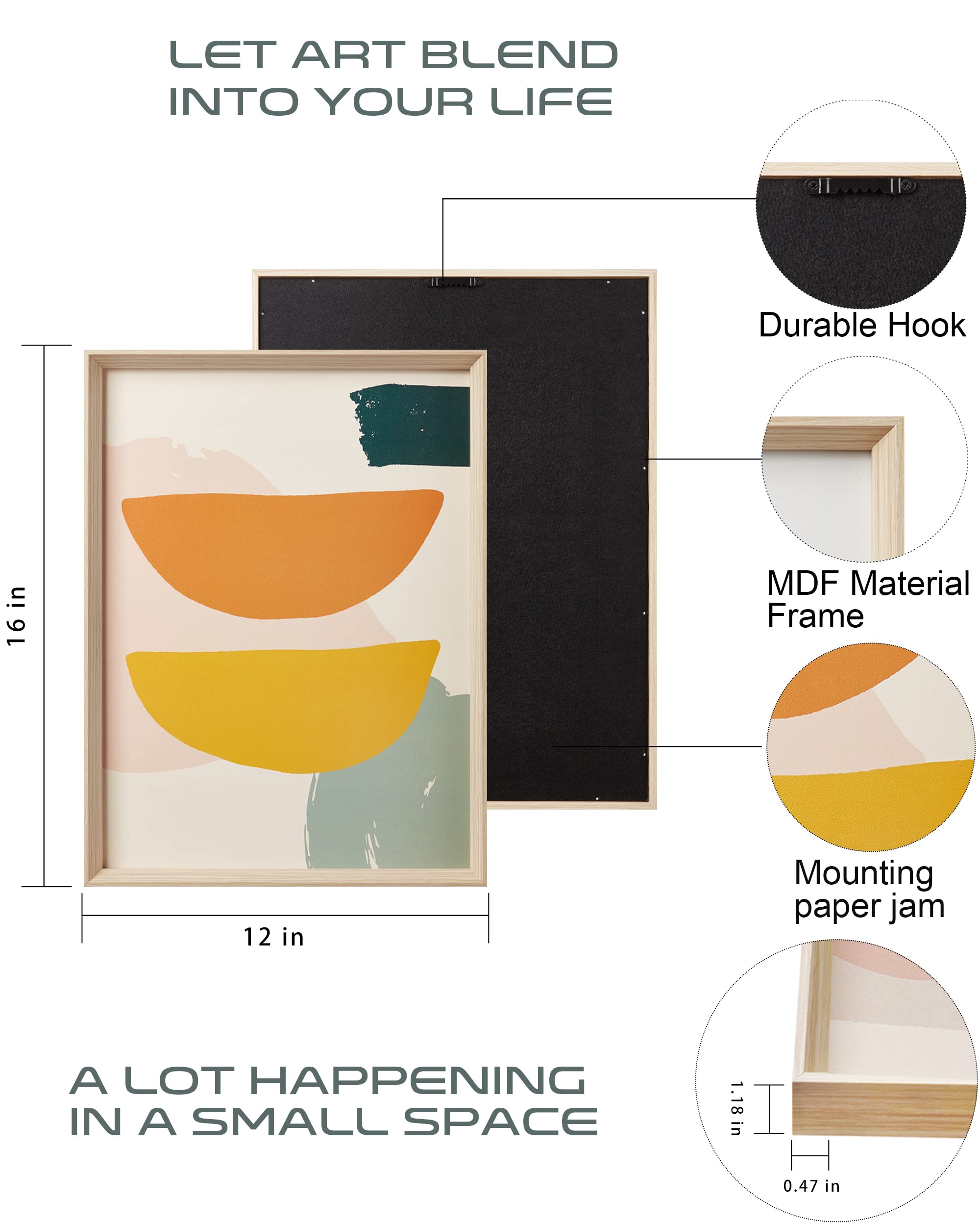 Framed Boho Wall Art For Bedroom,Abstract Canvas Wall Decor,12X16In Minimalist High Framed Wood Design Prints For Living Room,Ba