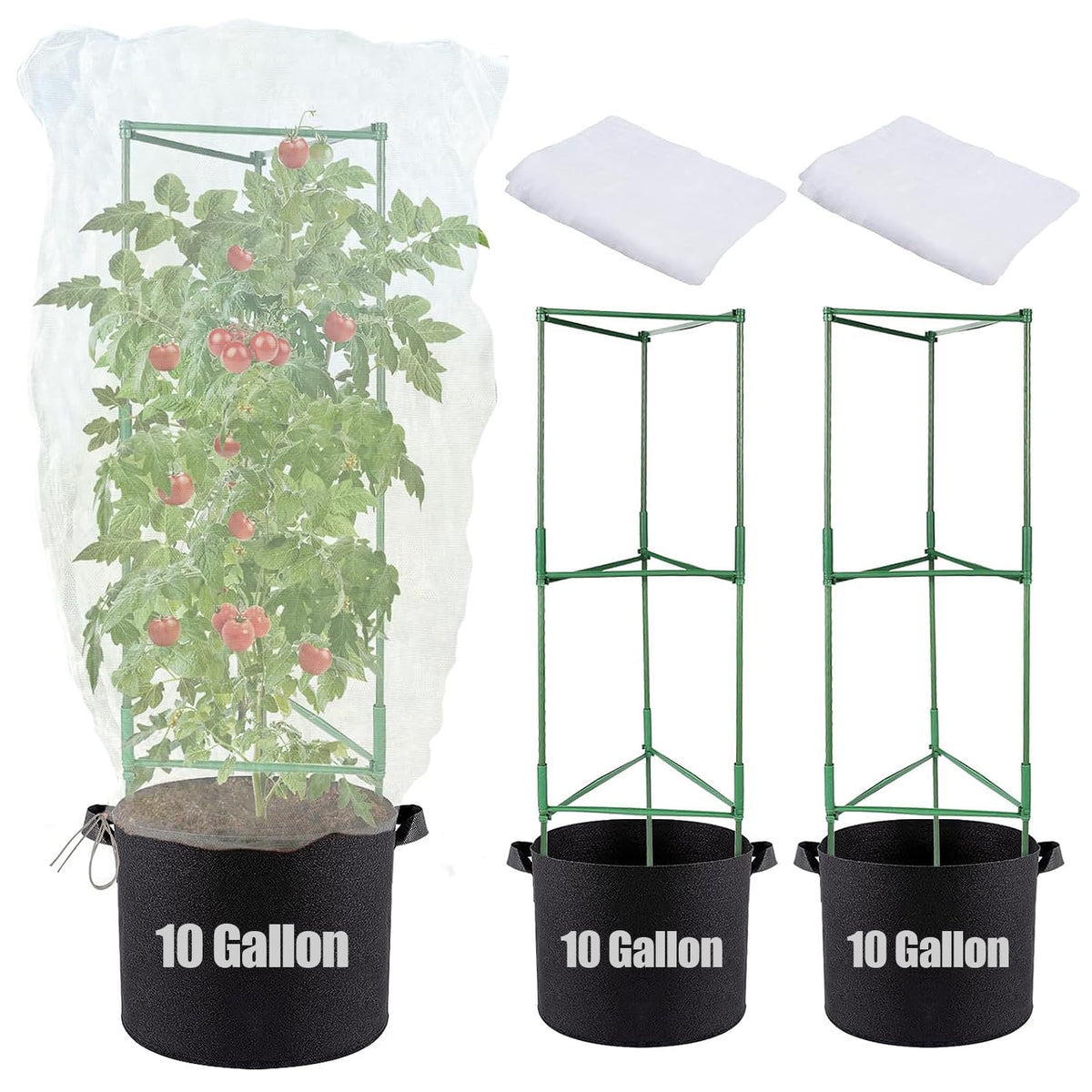 Anphsin 3 Sets Tomato Planter Kits - 48' Tomato Cages With 10 Gallon Grow Bags And Garden Nettings, Stable Plant Support Trelli