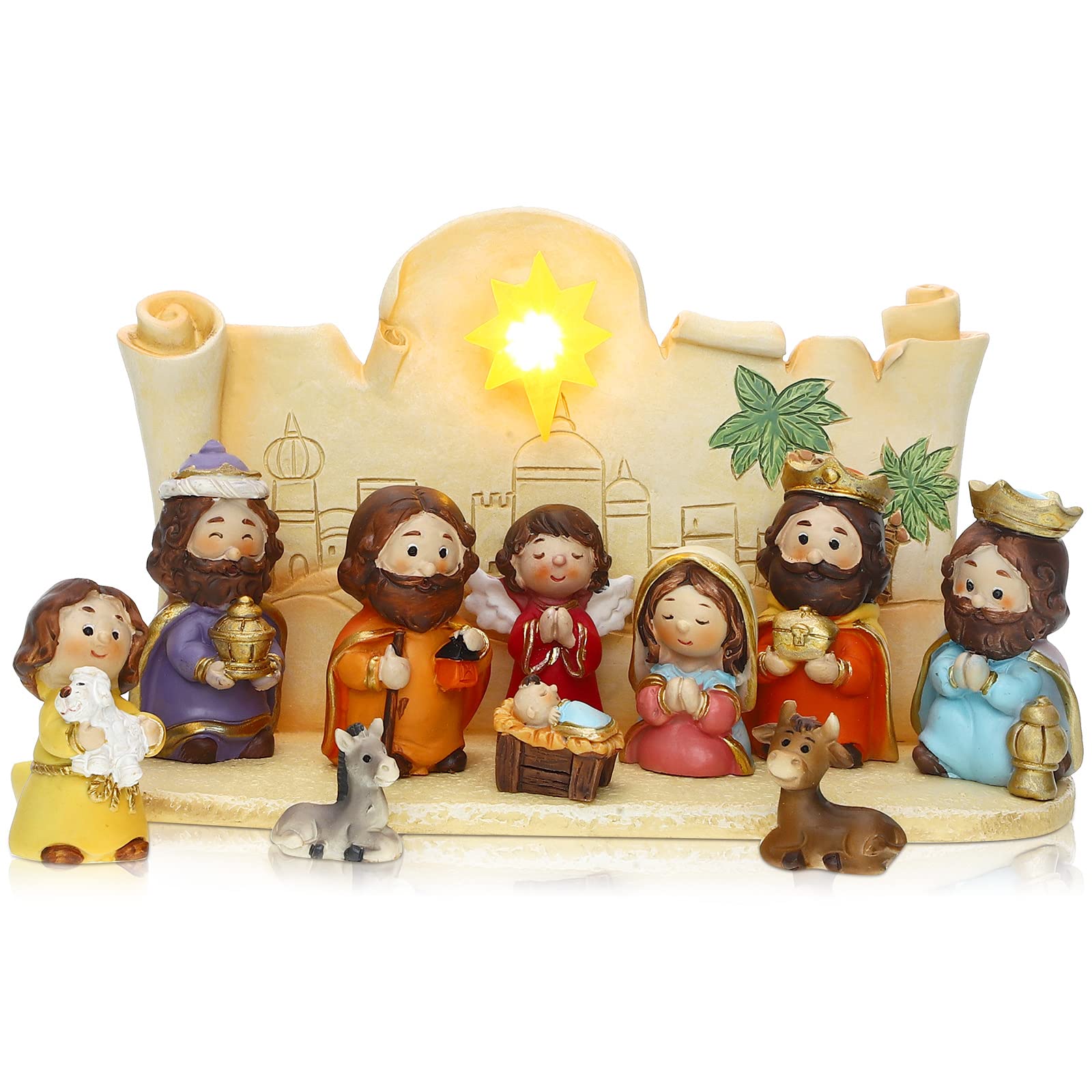 11 Pcs Mini Christmas Nativity Set Little People Nativity Set Nativity Scene with Light Miniature Manger 10 Rearrangeable Figuri