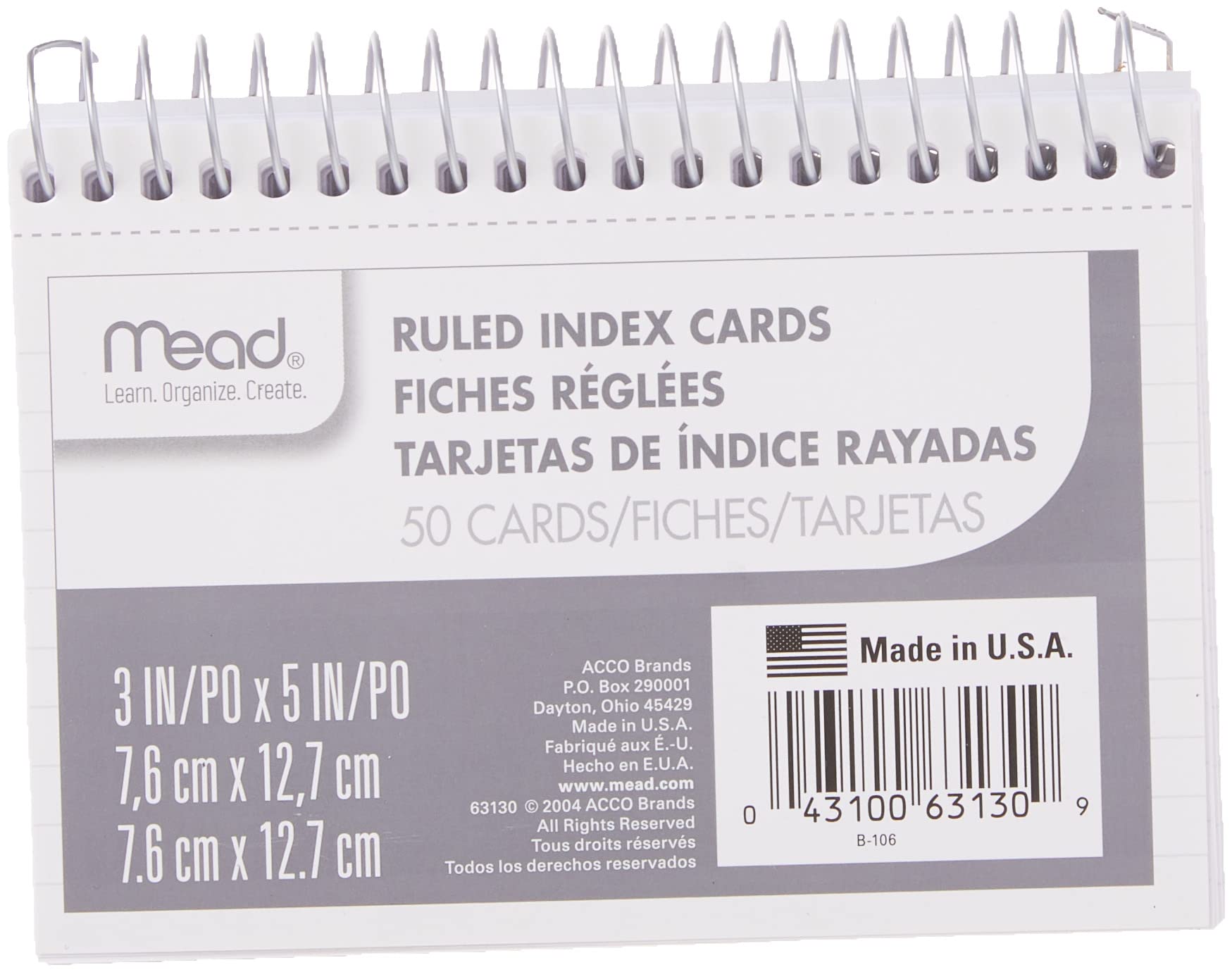 Mead Index Cards, Spiral, Ruled, 3' X 5', White, Blank Back, 50 Cards Per Pack, 1 Pack (63130)