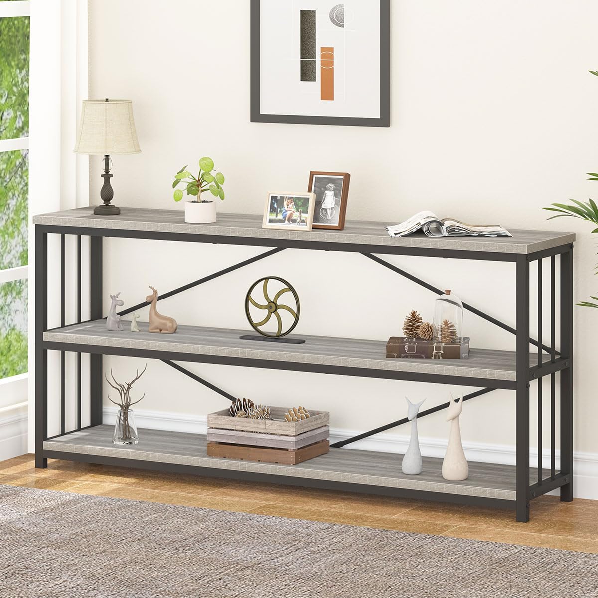 LVB Long Console Table with Storage, Farmhouse Rustic Skinny Entryway Table, Modern Wood Metal Hallway Sofa Table with Shelf, In