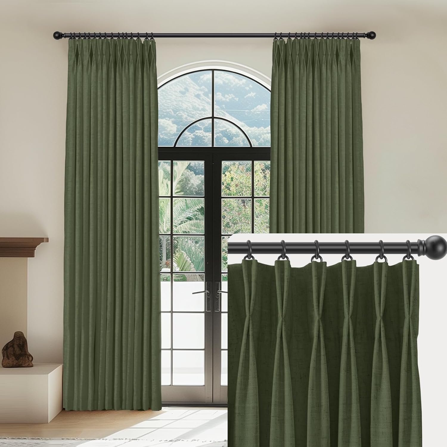 Capaloca Loden Linen Pinch Pleated Curtains Blackout 100% Black Out Curtains 108 Inches Long 2 Panels Pinch Pleat Curtains With
