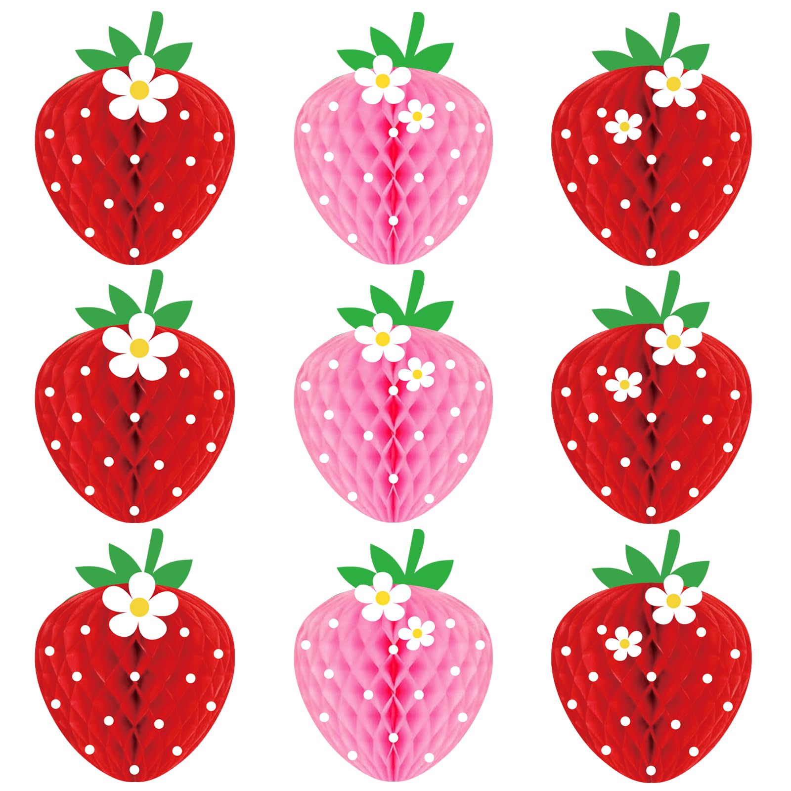WILLBOND 9 Pcs Strawberry Honeycomb Balls Strawberry Birthday Party Supplies Favors Strawberry Table Centerpieces Tissue Paper H