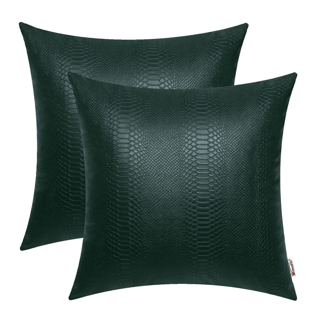 BRAWARM Dark Green Leather Throw Pillows 22 X 22 Inches, Snake Leather Pillow Covers Pack of 2, Faux Leather Decorative Pillow C