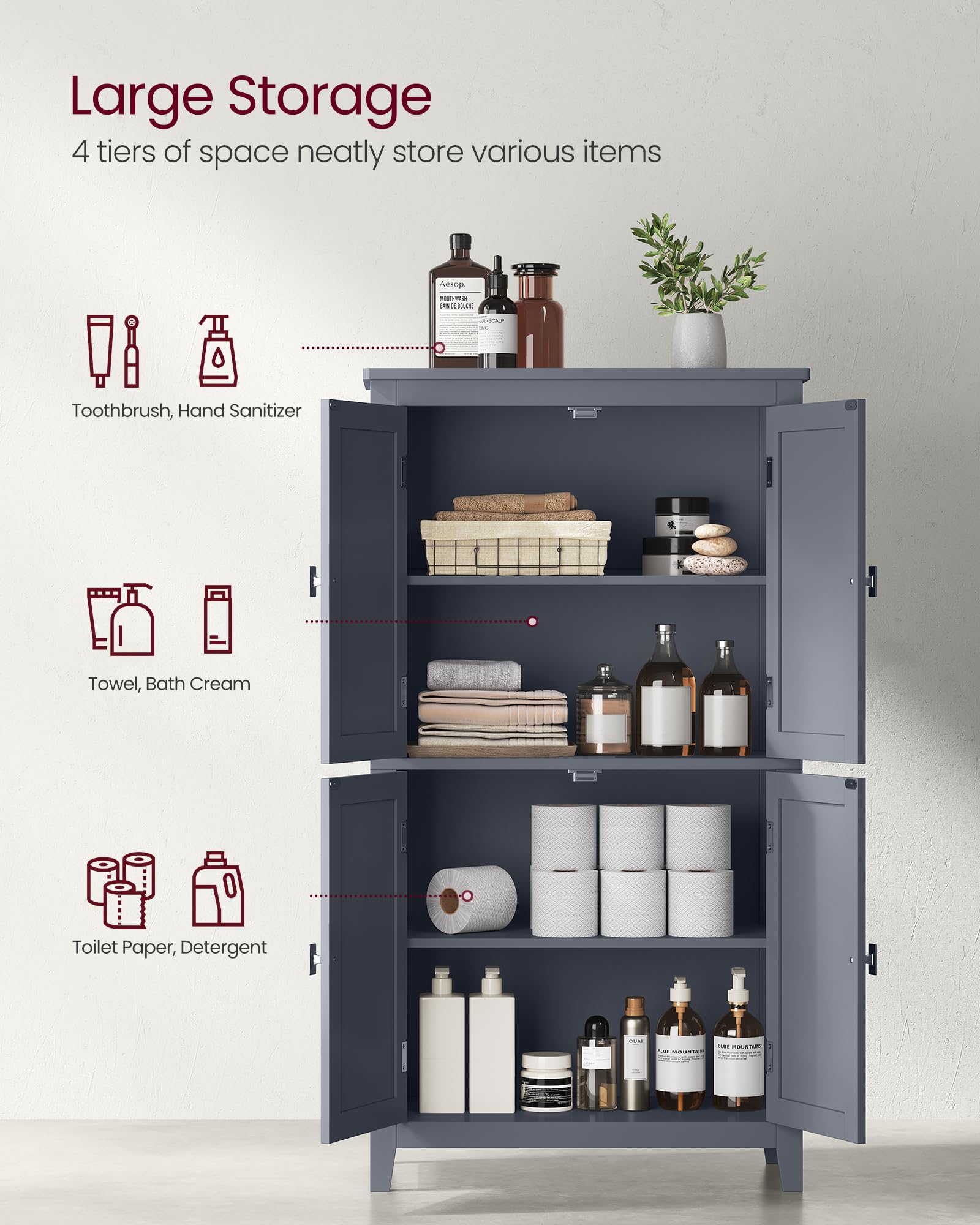 Vasagle Bathroom Floor Storage Cabinet, Bathroom Storage Unit, Freestanding Cabinet With 4 Doors, Adjustable Shelves, 11.8 X 23.6 X 43.3 Inches, Slate Gray Ubbc552G01