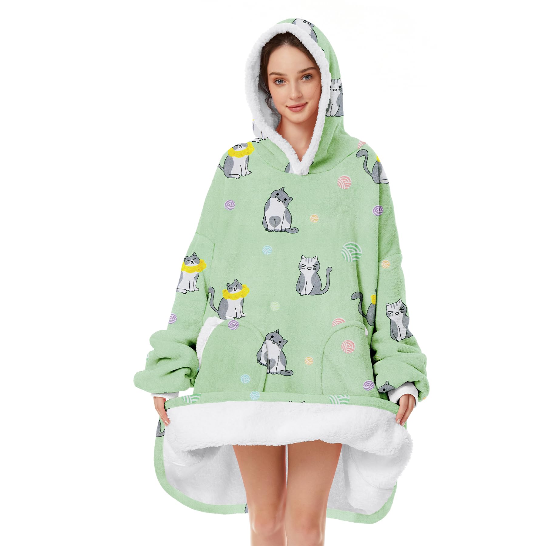 Zando Cat Hoodie Green Oversized Wearable Blanket For Women Men - Warm Cozy Hooded Sherpa With Pocket - Thick Fleece Sweater Gif