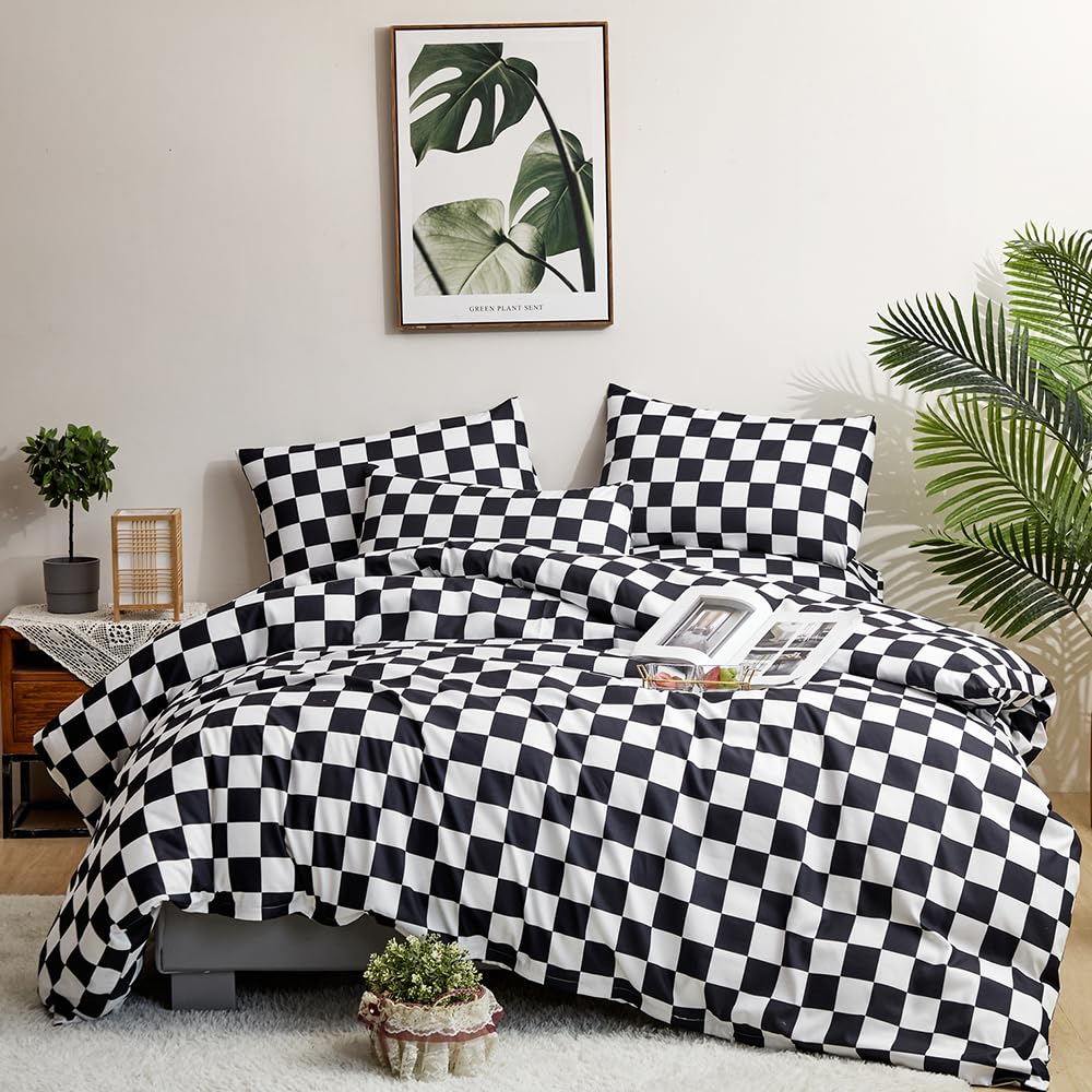 Clothknow Black White Plaid Queen Comforter Set 3Pcs Black White Bedding Comforter Sets Grid Queen Comforter Soft Checker Queen Size Comforter Sets