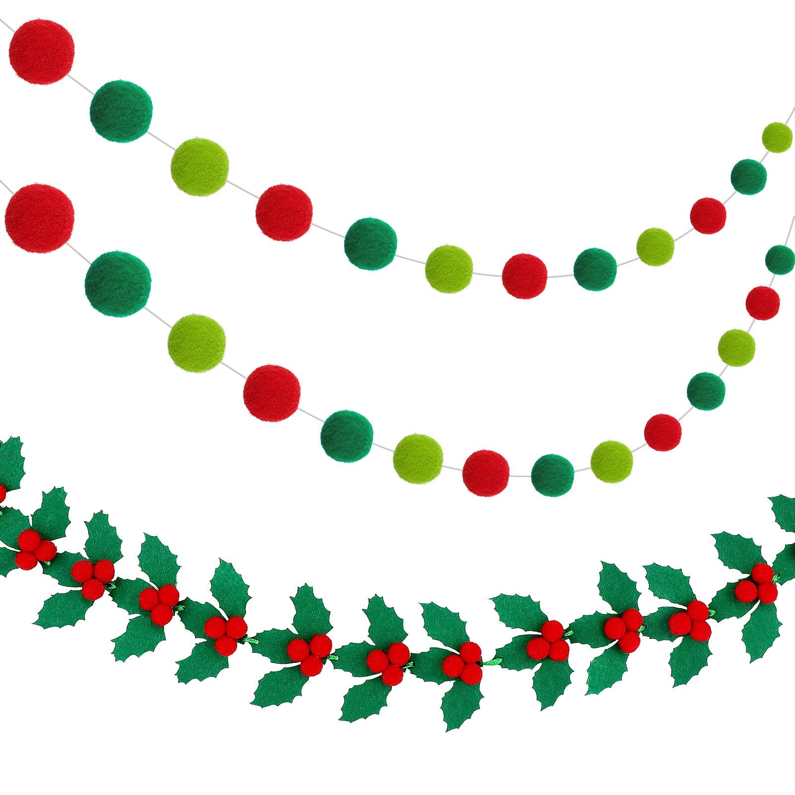 3 Pieces Christmas Felt Ball Banners Red and Green Pom Pom Garlands Holly and Berries Felt Banners Xmas Holly Leaf Felt Garlands